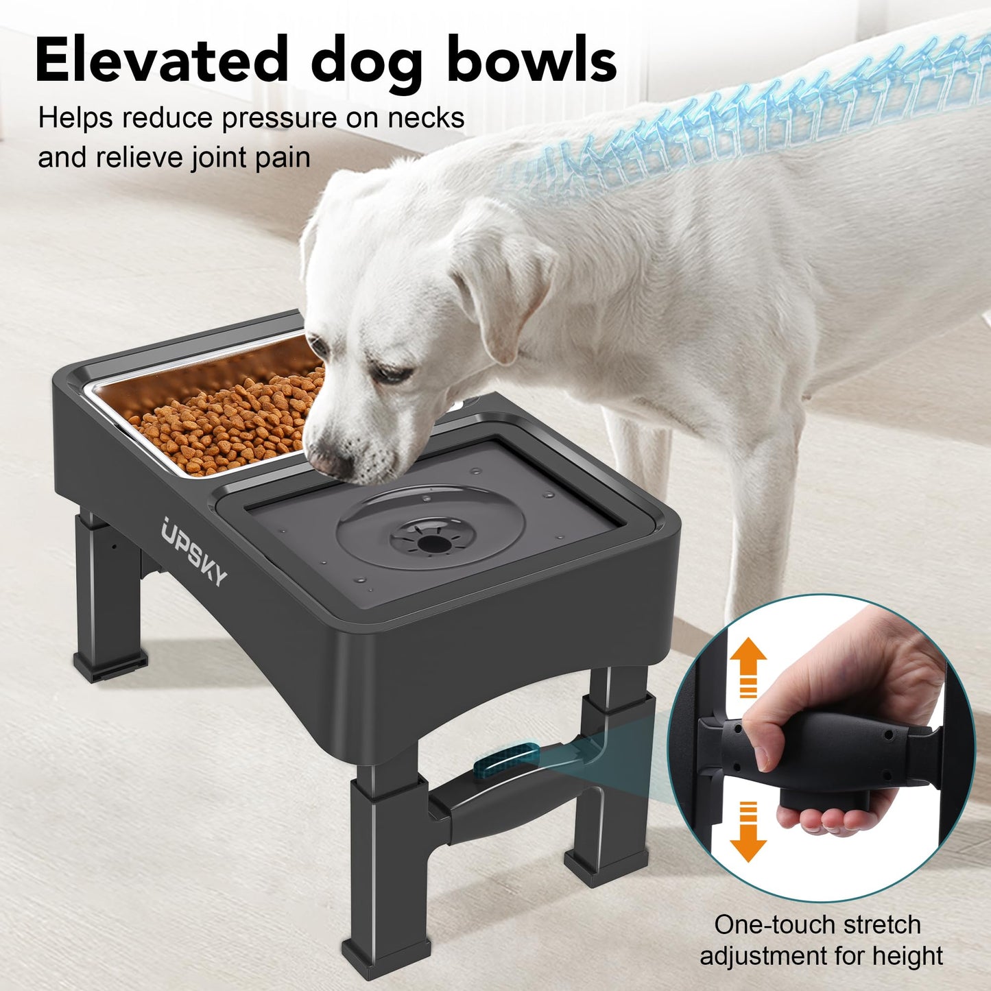 UPSKY 3-in-1 Elevated Dog Bowls Slow Feeder, 4 Height Adjustable Raised Dog Bowl Stand No Spill Dog Water Bowl Dispenser, Anti-Slip Dog Food and Water Bowl for Small Medium Dogs,Black