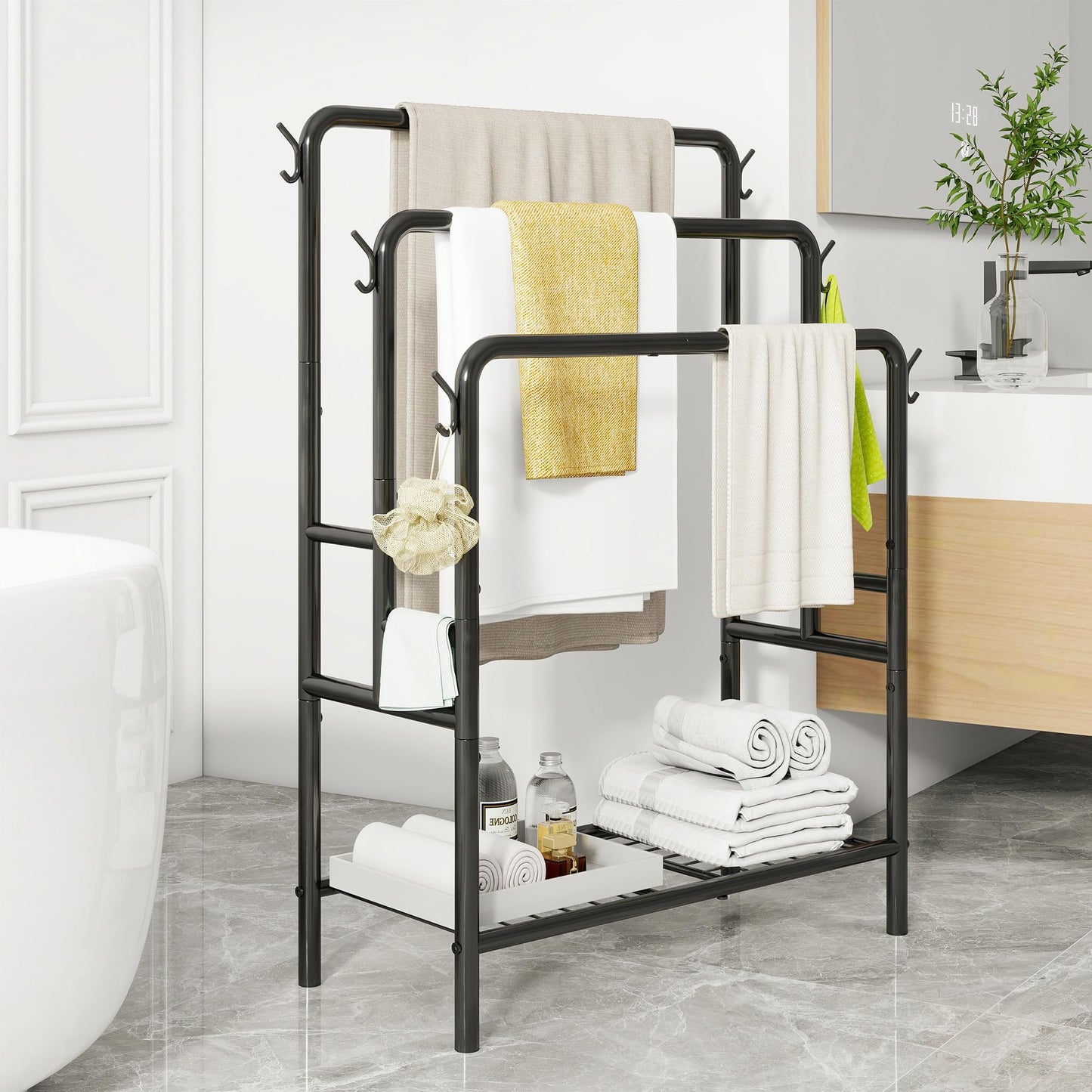VERFARM Freestanding Towel Rack, 3 Tier Towel Rail Metal Towel Holder Drying Stand with Storage Shelf, Blanket Holder, 6 Hooks, for Bathroom Accessories Organizer, Bath & Hand Towels Storage, Black