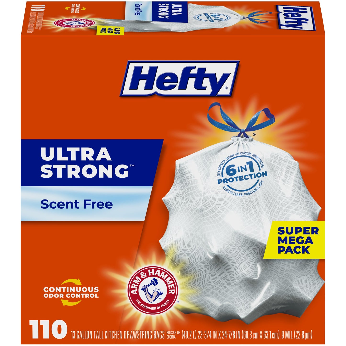 Hefty Ultra Strong Trash Bags (Scent Free, Tall Kitchen Drawstring, 13 Gallon, 110 Count) – Fits All Simplehuman Size J Cans