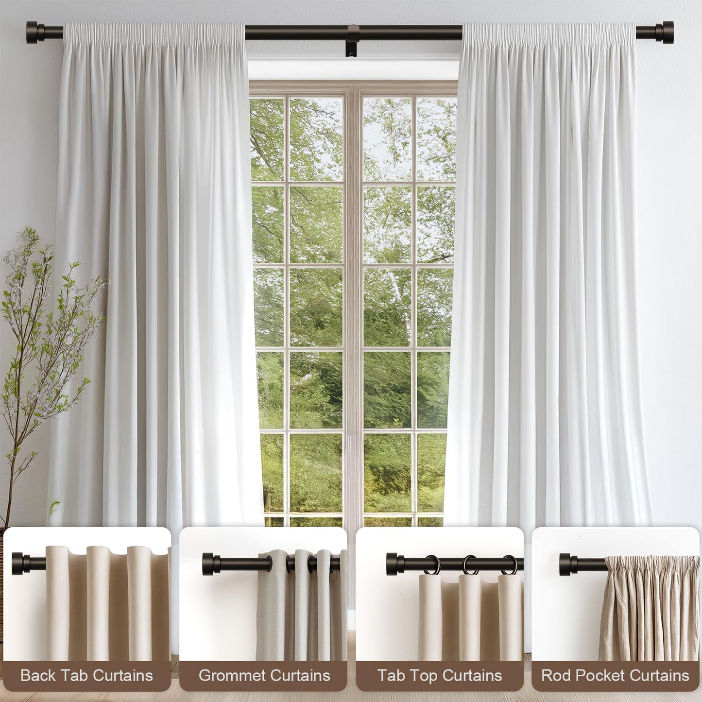 2 Pack Modern Brown Curtain Rods Set for Windows 48 to 84 Inches Adjustable Length Heavy Duty 1" Diameter Window Curtain Rod with Decorative Finials for Outdoor Bedroom Kitchen Living Room