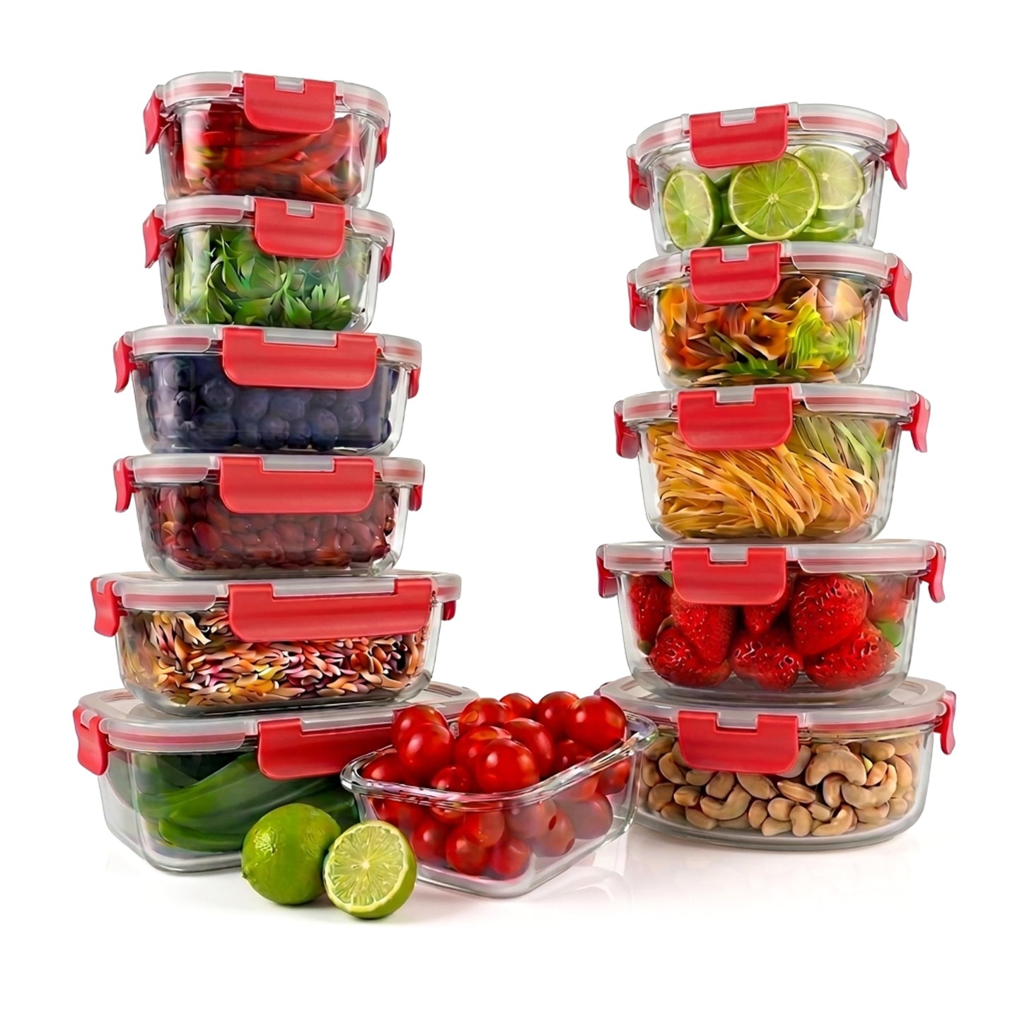 NutriChef 12 Piece Glass Food Storage Containers - Stackable Superior Glass Meal-prep Containers w/Newly Innovated Hinged BPA-Free 100% Leakproof Locking Lids - Freezer-to-Oven-Safe