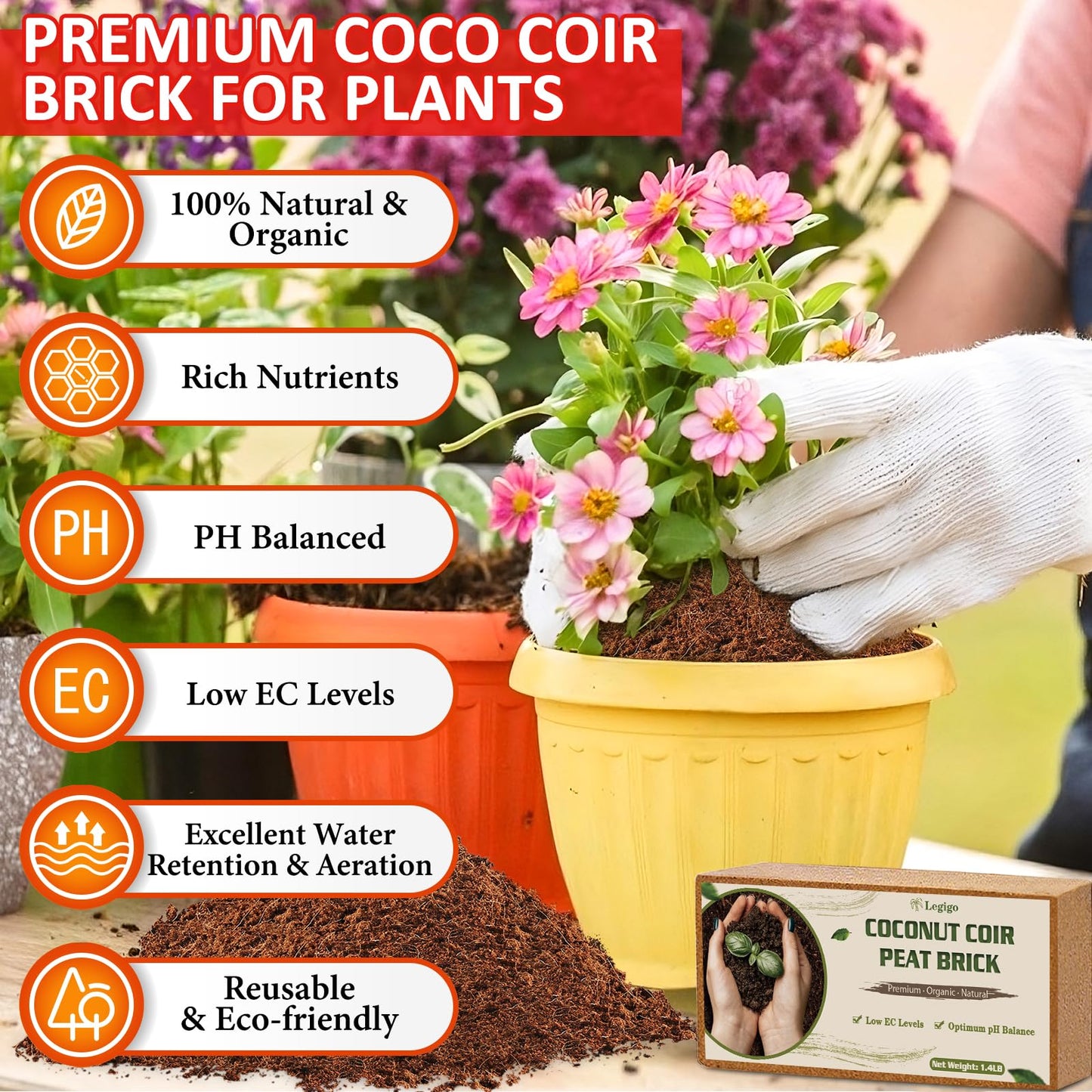 Legigo 8 Pack Premium Coco Coir Brick for Plants- 100% Organic Compressed Coconut Coir Fiber Bricks Starting Mix, Coconut Husk for Planting, Gardening, Potting Soil Substrate, Herbs