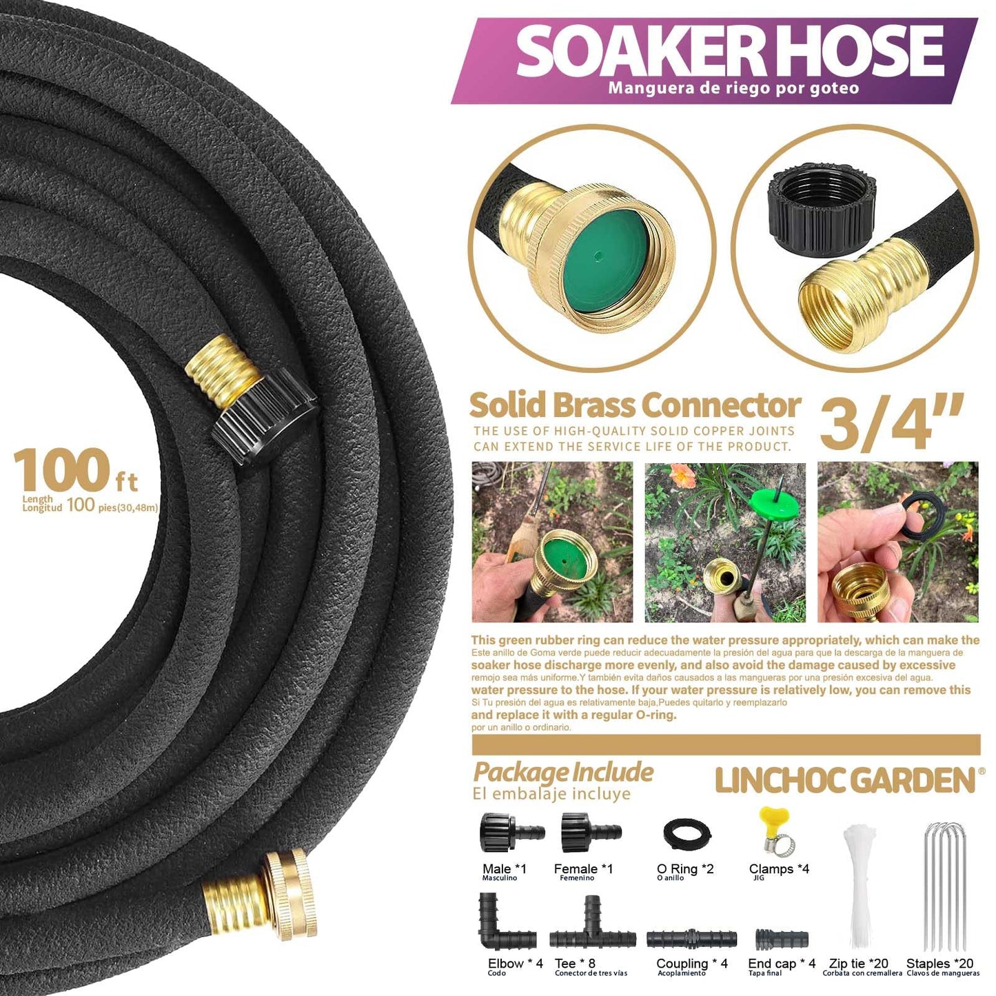 LICNCHOC Garden Soaker Hose, 1/2 Inch Flexible Durable Garden Hose for Efficient Watering, Leak-Proof Design 100% Recycled Rubber, Ideal for Lawns, Gardens & Flower Beds (100 FT)