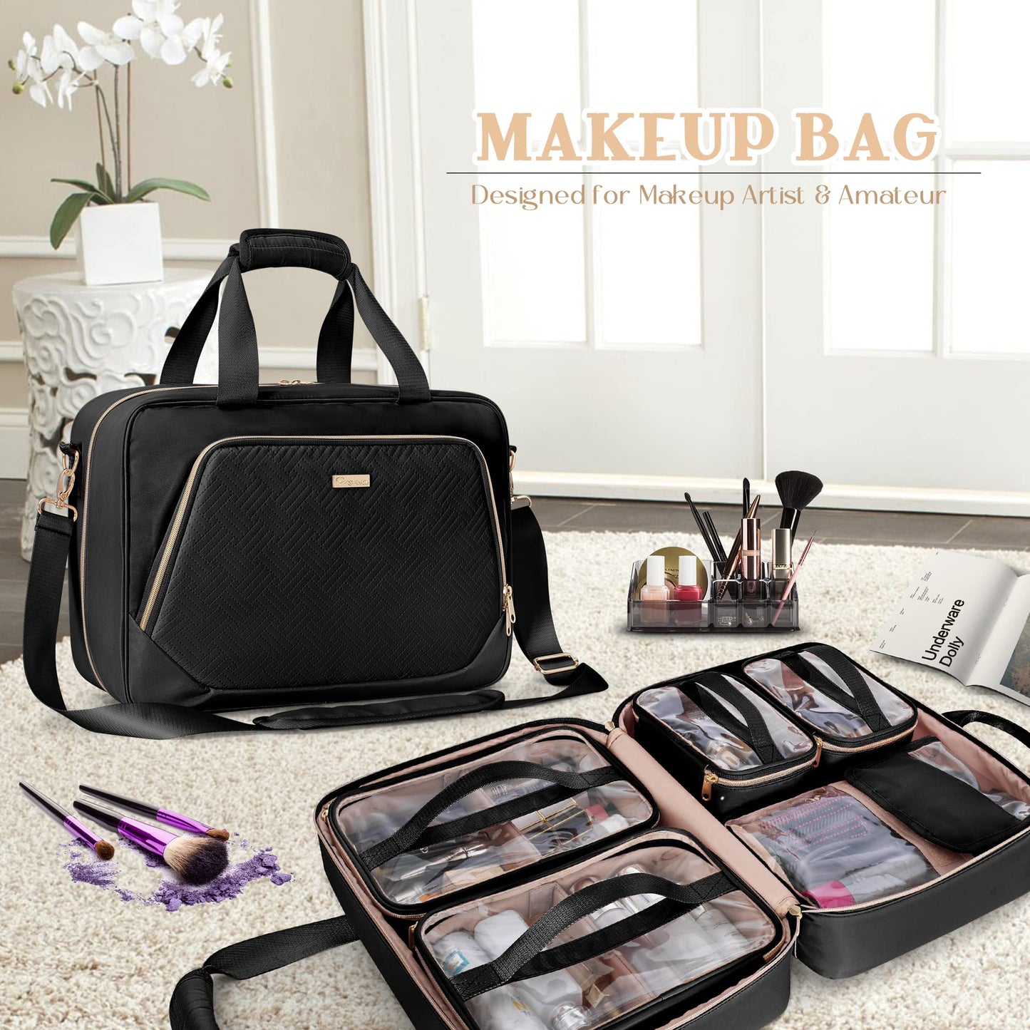 Prokva Large Makeup Bag with 4 Detachable Cosmetic Cases, Professional Make up Organizer Bag with Makeup Brushes Storage Section and Hair Tools Pocket, Black (Empty Bag Only)