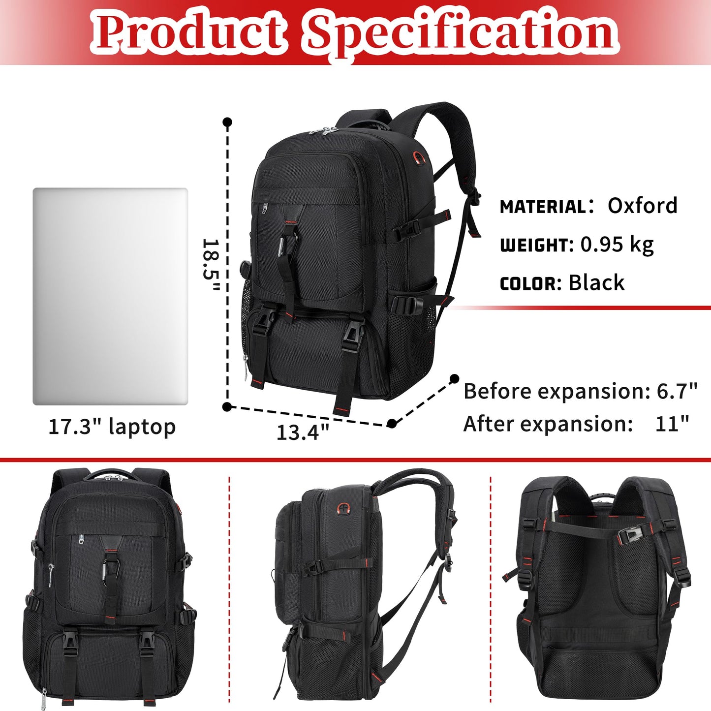 Travel Backpack for Men Women, Expandable 55L Business Laptops Backpacks Water Resistant Carry on Luggage Backpack Gym Sport Bag with Shoes Compartment for College Hiking Camping Fits 17 Inch Computer