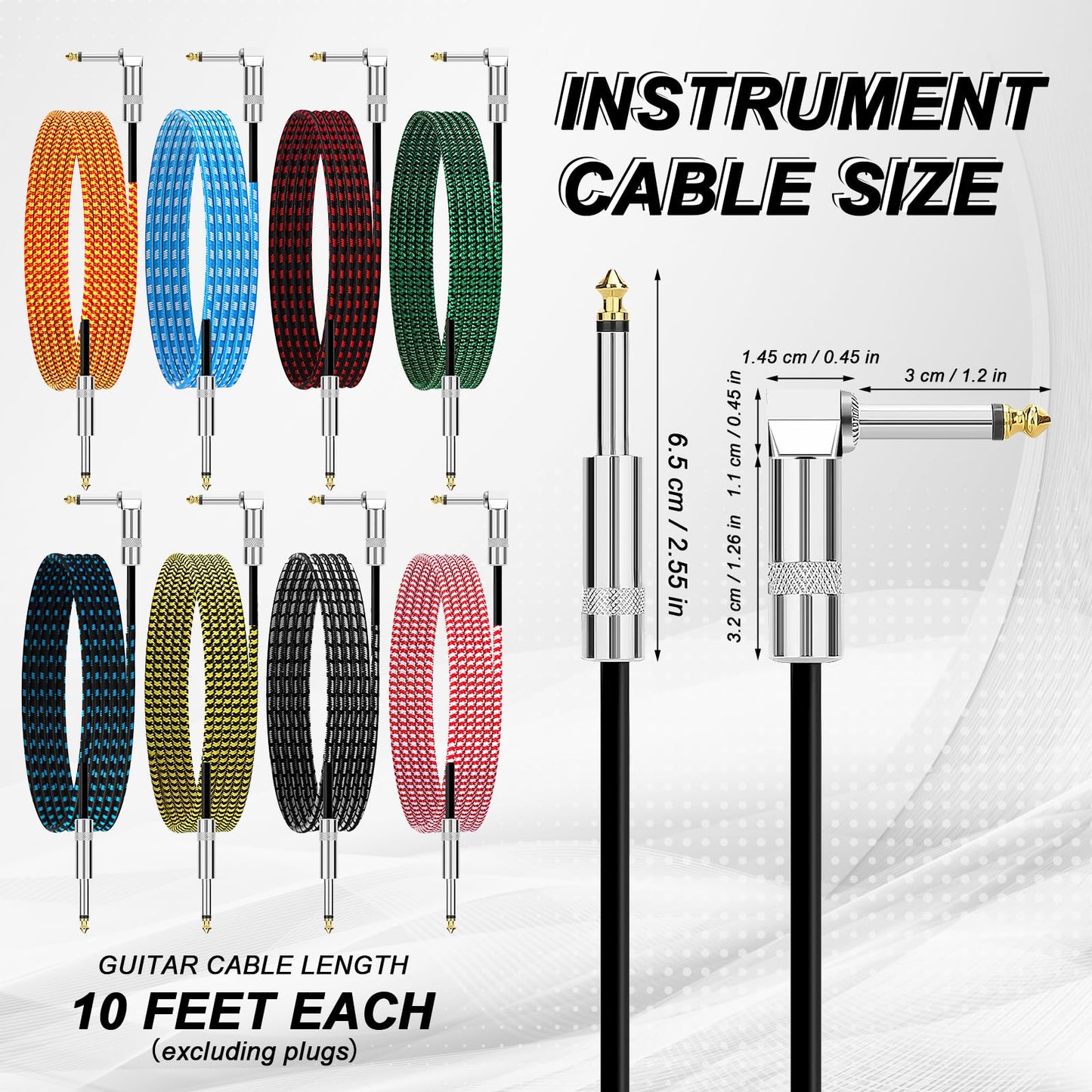 8 Pack 10Ft Guitar Cables, Instrument Cable Bass Wires, 1/4 inch Copper Wire TS Cables for Electric Guitar, Bass, Keyboard, Amp (Multicolor)
