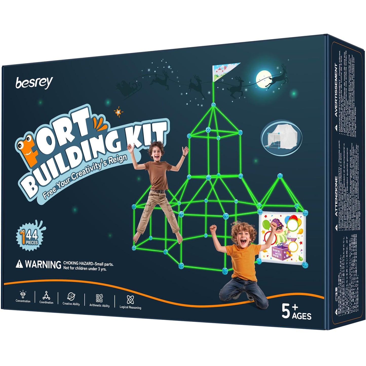 besrey Fort Building Kit for Kids with Toss Game, 144 Pcs 5 in 1 Creative Fort Toy, STEM Construction Toy, Outdoor Play Structure, Kids Outdoor Toys for 3, 4,5,6,7,8,9,10 Years,DIY Play Tent Tunnel