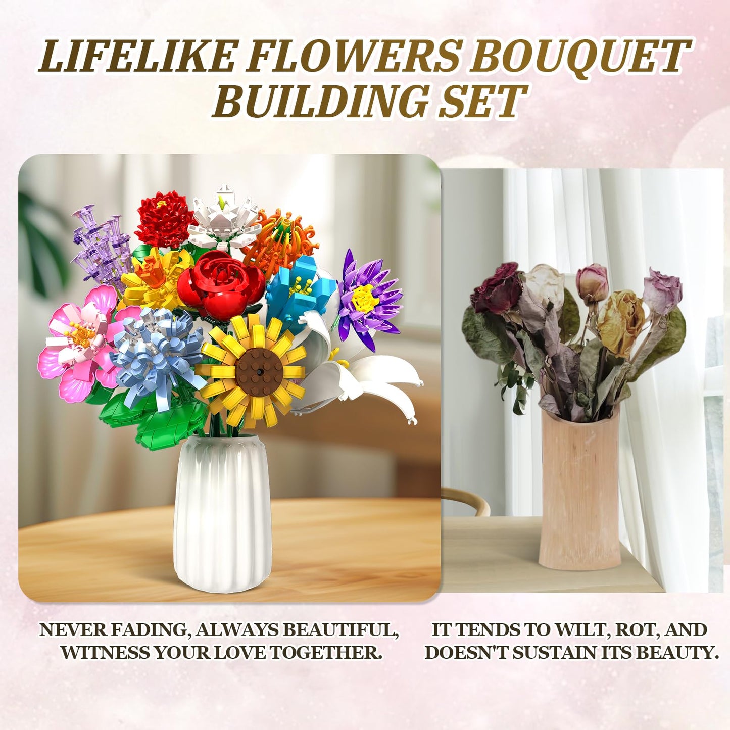 Flower Bouquet Building Sets, Mesproud Flower Plants for Decorative Office Home Table Art(1009PCS), Best Gifts for Girls Ages 6 7 8 9 10 11 12 for Him and Her, No Vase