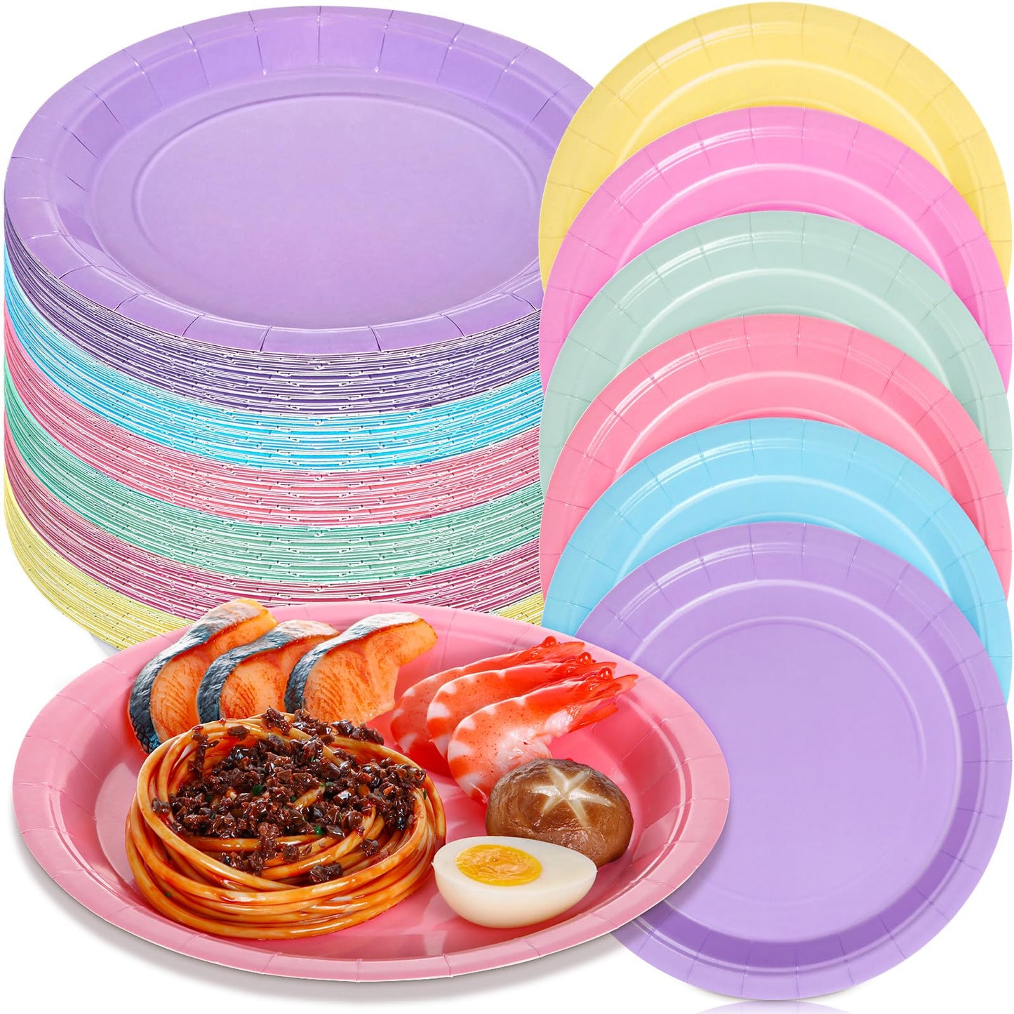 Pasimy 120 Pcs Pastel Paper Plates 9 Inch Easter Dinner Plates Bulk Disposable Rainbow Party Dessert Supplies Round Color Paper Dish for Spring Easter Birthday Rainbow Party Supplies (Pastel)