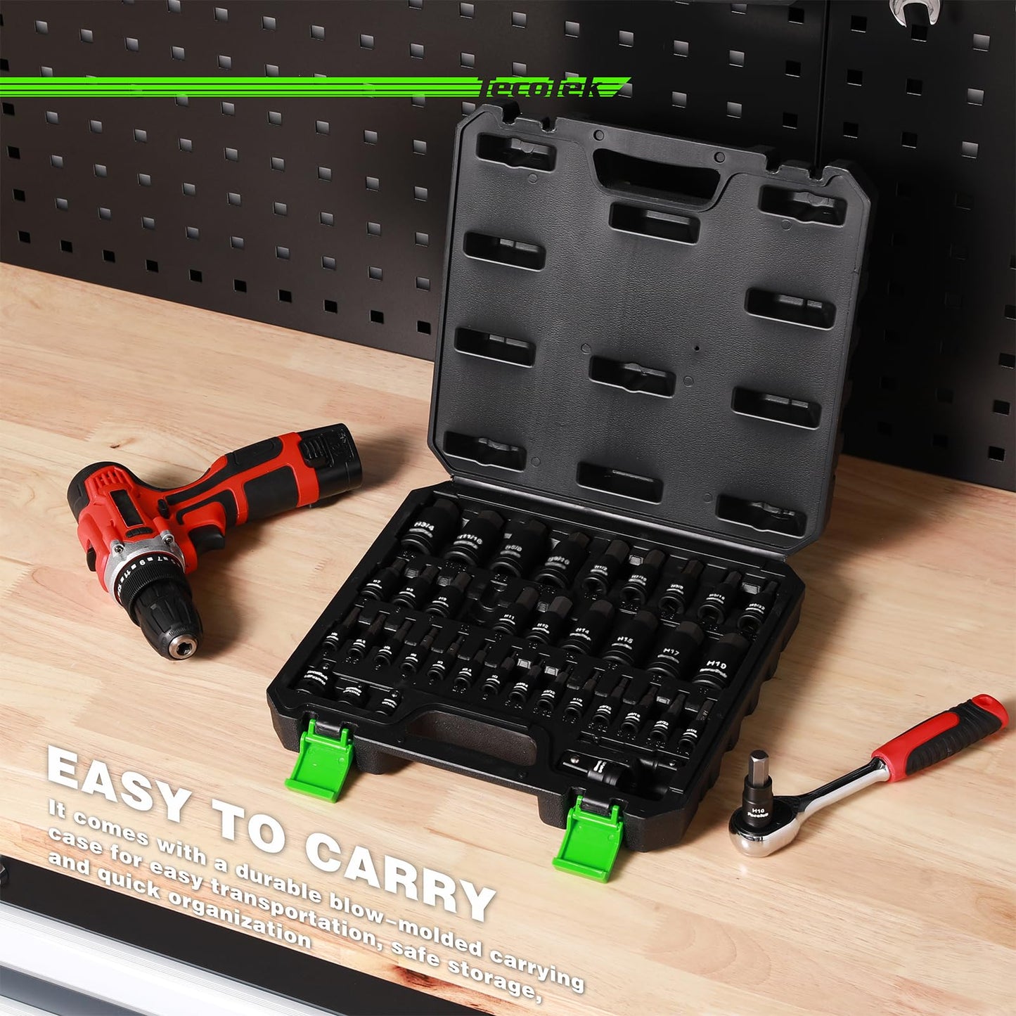 TecoTek 38PCS Hex Impact Bit Socket Set, 1/4", 3/8" and 1/2" Drive, SAE and Metric Allen Socket Bit, S2 and Cr-V Steel, S2 Steel, 5/64" - 3/4", 2mm - 19mm, Includes 5PCS Socket Adapters