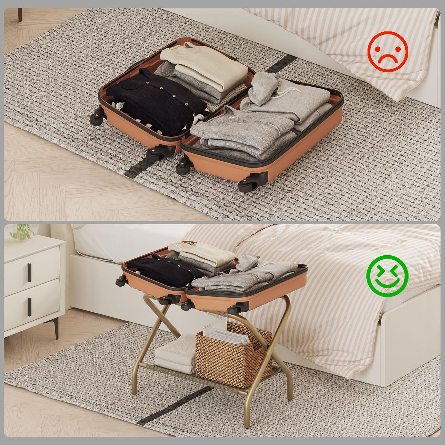 Smart FENDEE Set of 2 Luggage Rack for Guest Room, Folding Suitcase Stand with Shoe Shelf, Easy Assembly, Portable, Hold up to 110 lb, Gold