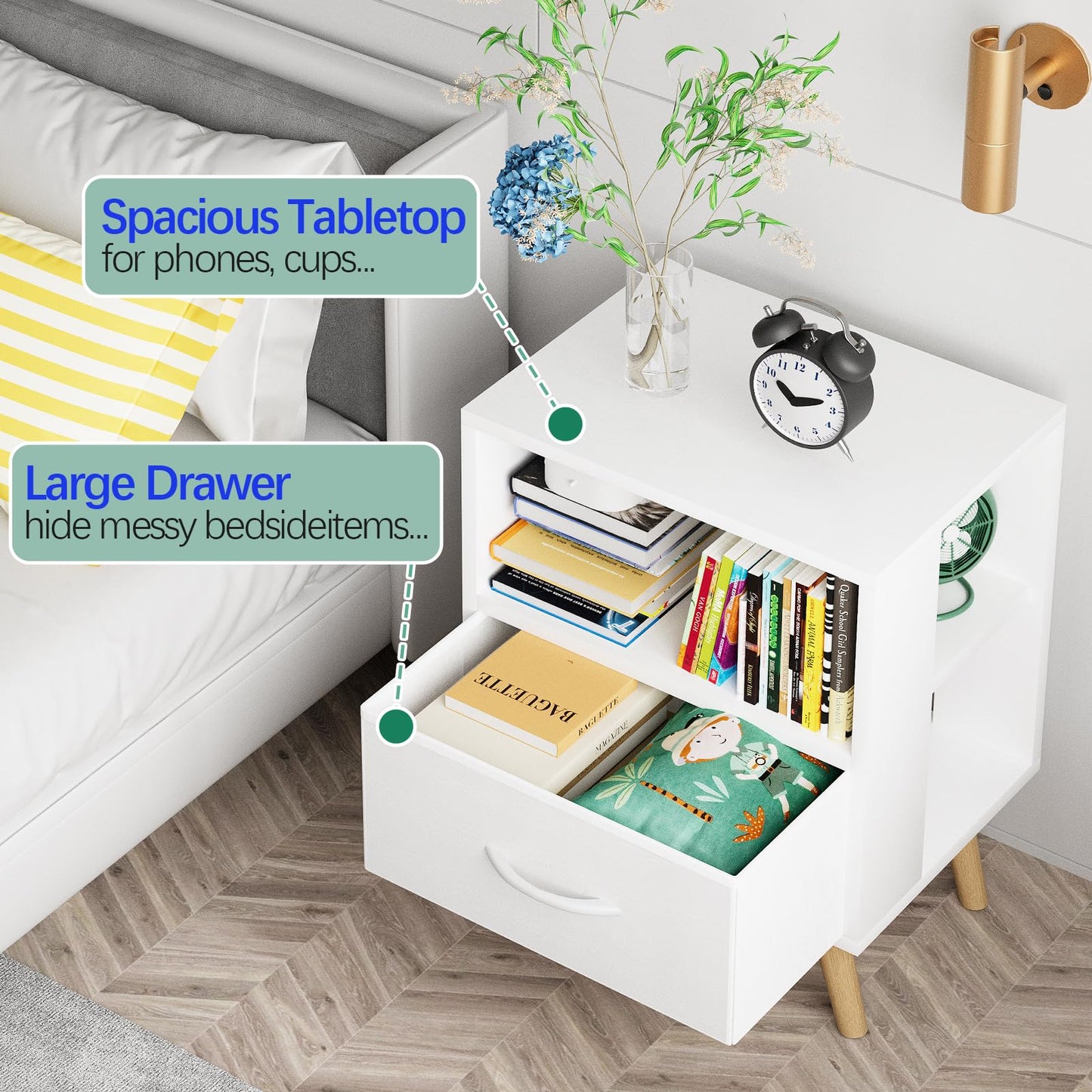 Aenuert Night Stand, White Kids Nightstand with Drawer, Nursery Side Table with Open Storage, 2-Tier Modern End Table, Bedside Table for Small Space, Living Room, Bedroom
