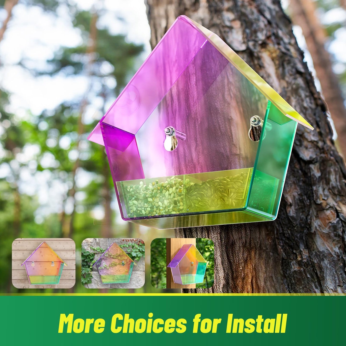 Window Bird Feeder with Strong Suction Cups, Outdoor Hummingbird Colorful Transparent Feeder for The Window, Waterproof Acrylic Birdfeeder with 2 Expansion Screws for Tree/Patio
