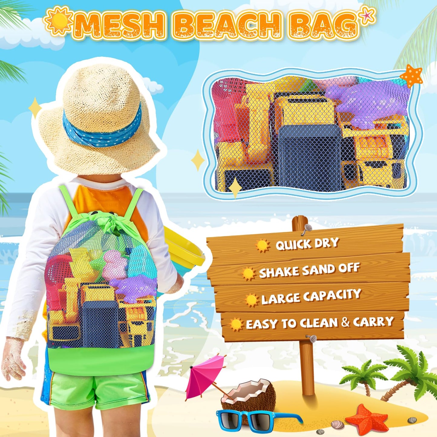 Beach Sand Toys for Kids - 31Pcs Sandbox Toy Set with 3 Trucks, 2 Collapsible Buckets, 2 Castle Buckets, Sand Molds, Shovels & Mesh Bag, Travel Summer Toy for Toddlers Boys Girls Age 3-10