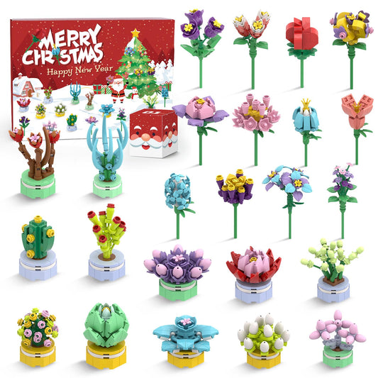 Advent Calendar Girls, 24 Pack Succulent & Bouquet Building Blocks for Kids, Christmas Countdown Calendar, Ideal Gift for 3 4 5-7 8-12 Boys and Girls
