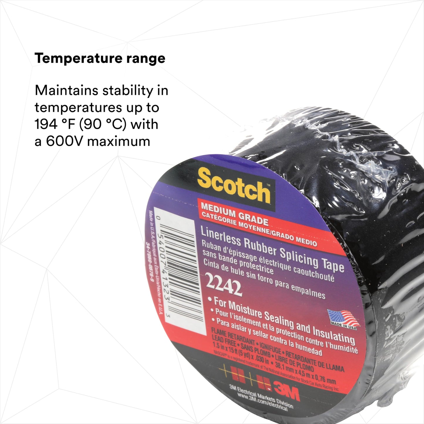 3M Linerless Electrical Rubber Tape 2242, 1-1/2 in x 15 ft, 1 in core, Black, General Purpose Self-Fusing Insulating Tape, 1 Roll