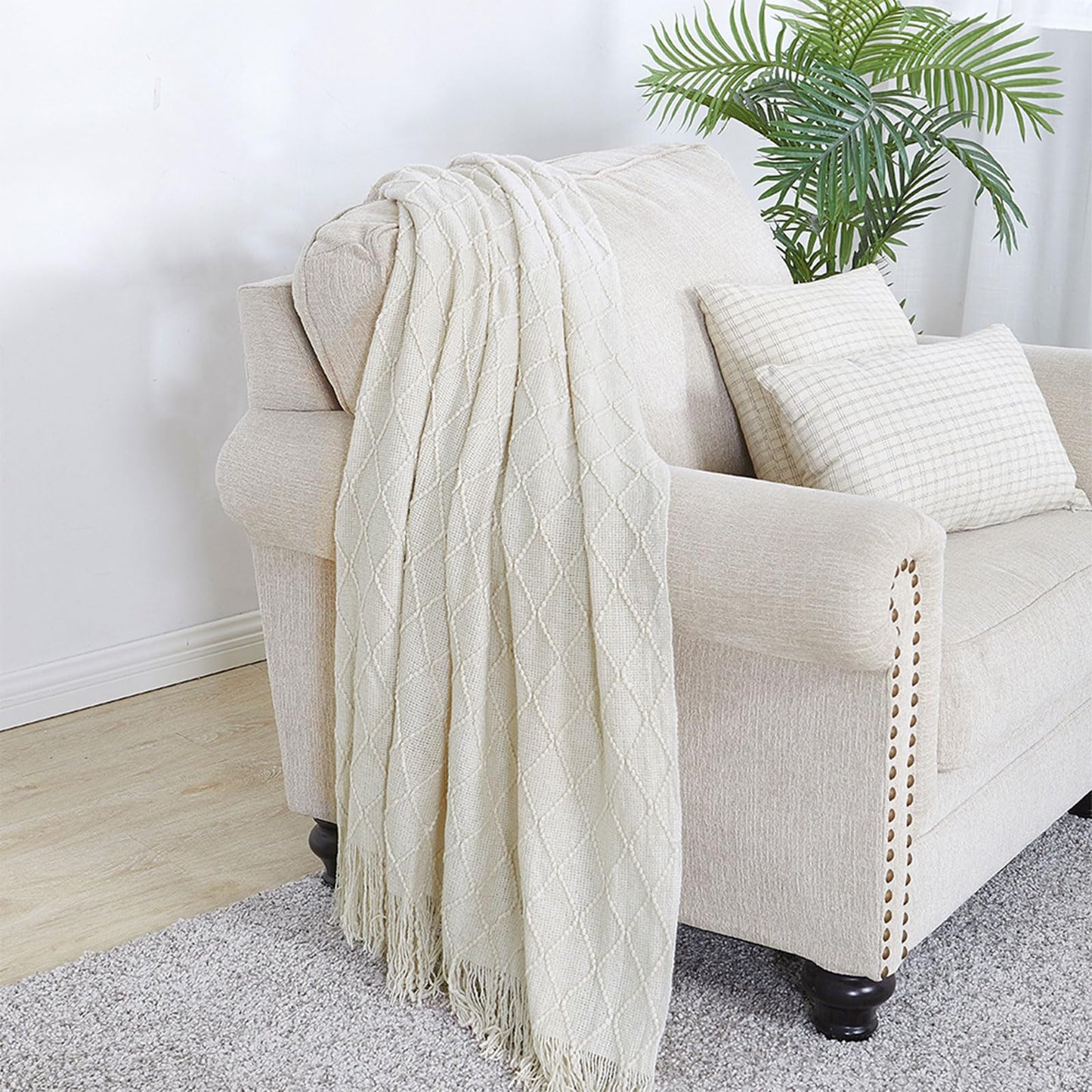 BOURINA Throw Blanket Textured Solid Soft Sofa Couch Decorative Knitted Blanket (Beige,50x60 inches)