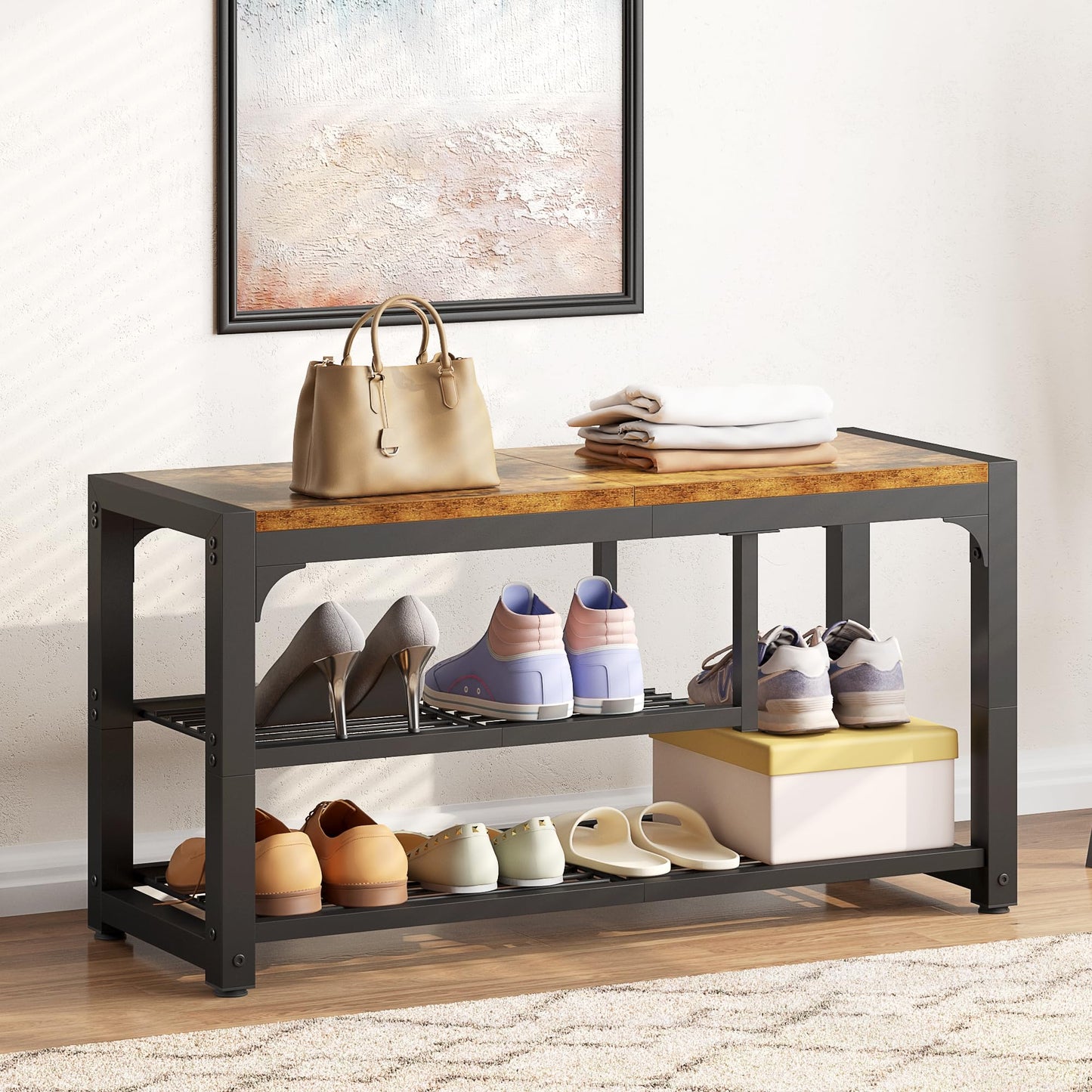 HOMEFORT Shoe Bench,31.5 Inches Shoe Storage Bench for Entryway,3 Tiers Shoe Rack Bench for Front Door Entrance, Industrial Entry Bench with Mesh Shelves and Boot Storage, Rustic Brown