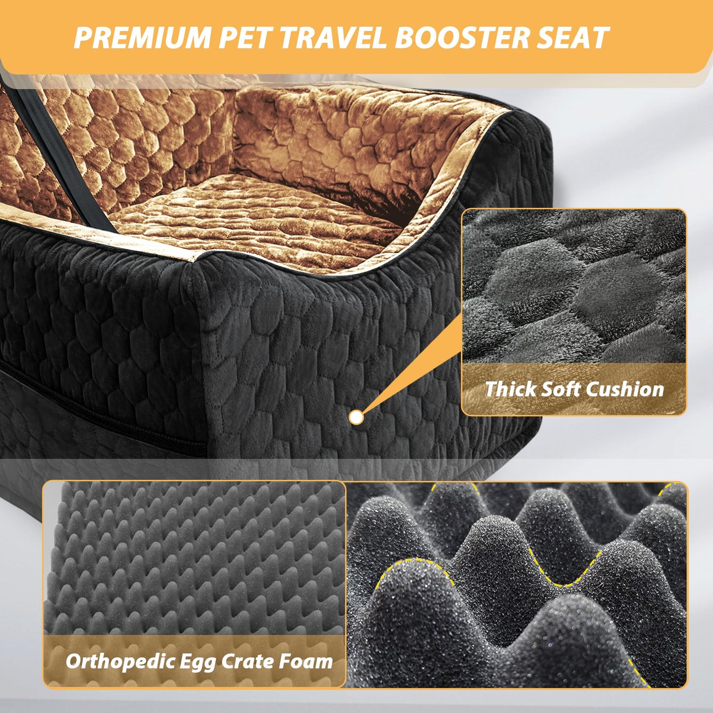 Dog Car Seat for Small/Medium Dogs, Memory Foam Dog Booster Seat, Elevated Pet Car Seat for Dogs up to 35 lbs, Travel Safety Car Seat with Washable Removable Cover, Storage Pockets (BlackBrown)