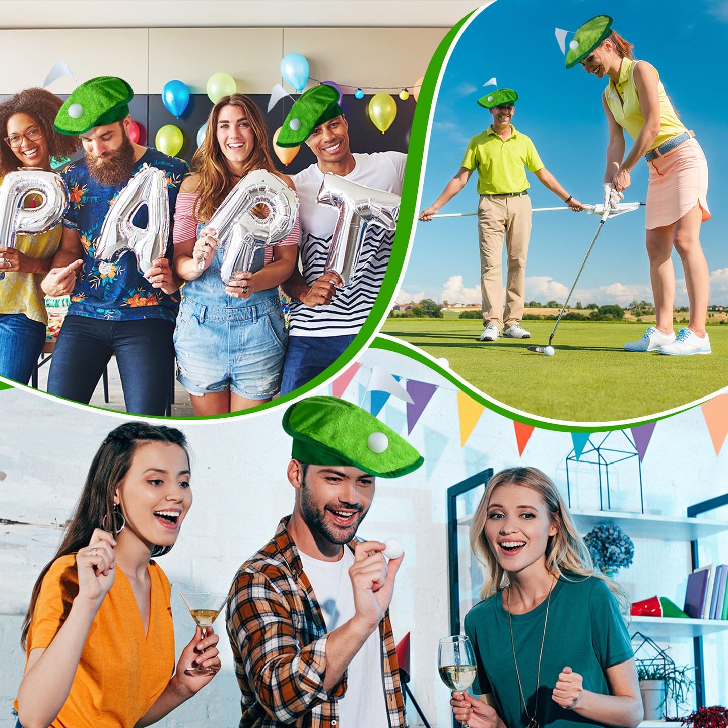 Berlune 4 Set Funny Golf Hat Golf Party Costume Accessories Novelty Golfer Beret Hat with Golf Ball Flag Golf Party Supplies