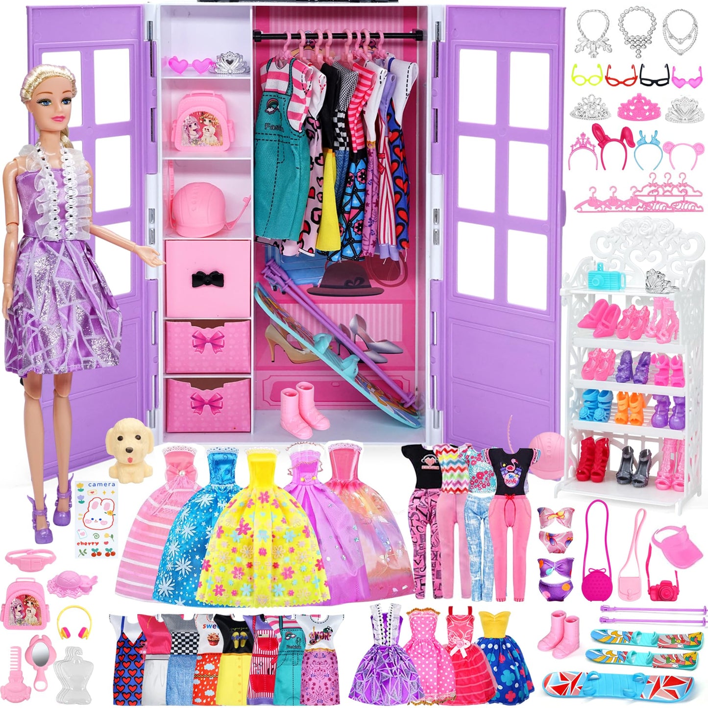 Doll Closet Clothes and Accessories - 135Pcs with Dolls Storage Organizer Wardrobe Sets, Princess Fashion Pack Playset Including Wedding Gowns/Dresses/Shoes/Outfit, Birthday Girls Gifts Age 345678