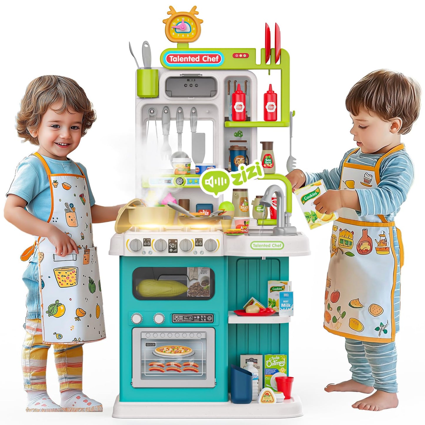 96PCS Kids Kitchen Playset, Play Kitchen with Sound & Light, Cooking Stove with Steam, Play Food Toy Kitchen Accessories, Play Sink, Oven, Pretend Play Kitchen Toys Set for Boys and Girls (Green)