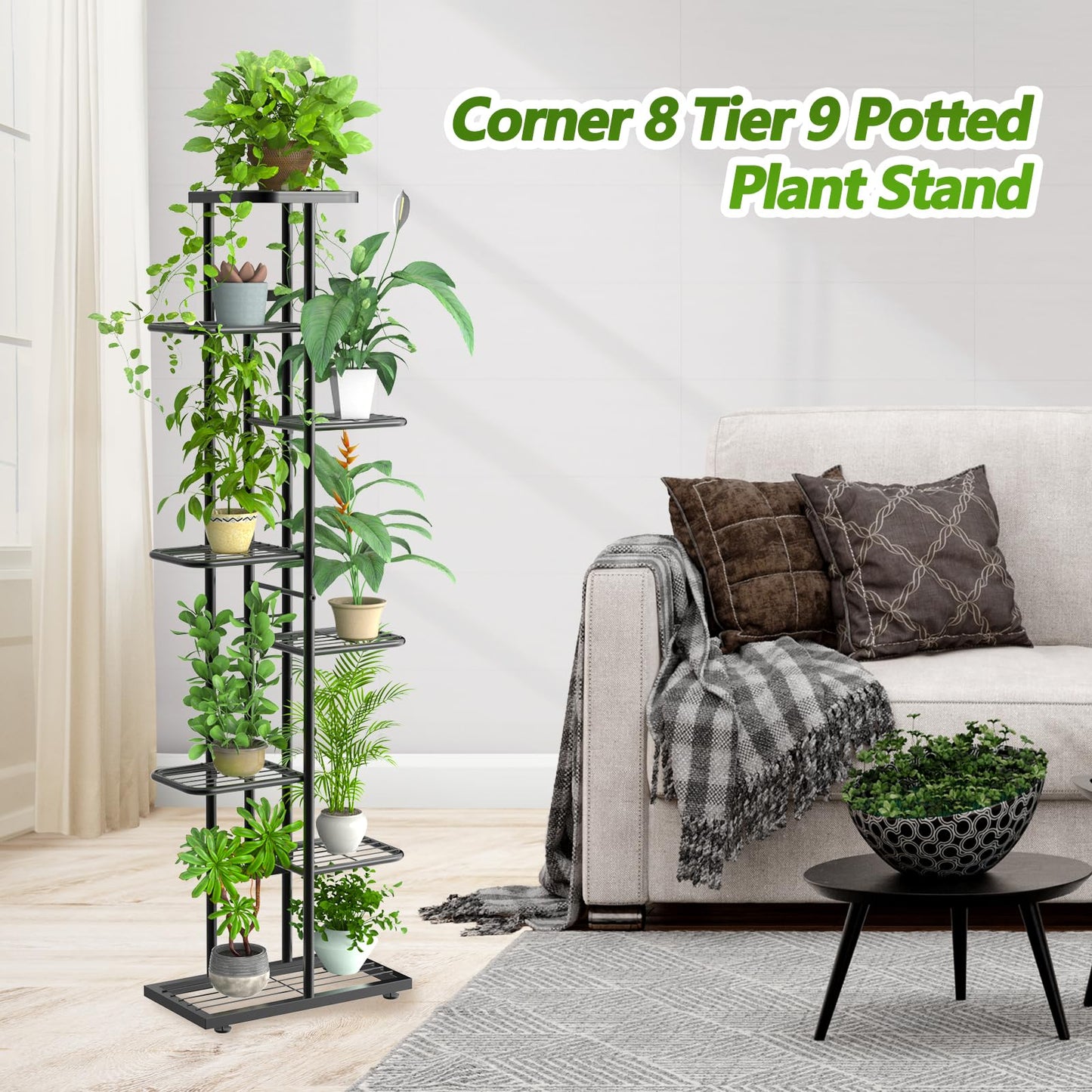 8 Tier 9 Potted Plant Stand Indoor, Black Tall Metal Corner Plant Shelf Organizer Outdoor Multiple Flower Pot Holder Display Rack for Patio Garden Balcony Living Room