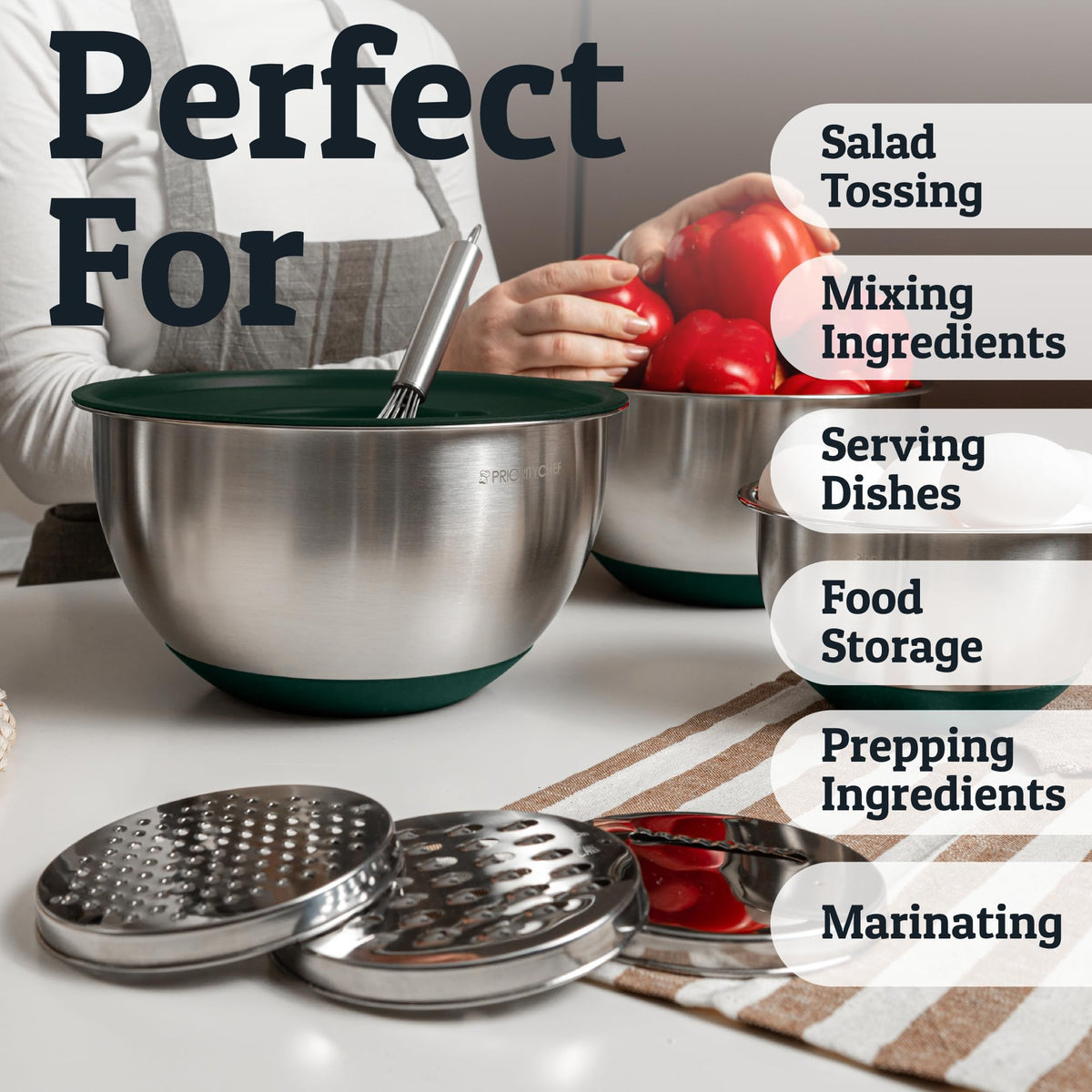 Priority Chef Stainless Steel Mixing Bowls with Lids Set, 3 Grater Attachments, Airtight Lids, Non-Slip Silicone Base Mixing Bowl Set, Large Prep Metal Mixing Bowls for Kitchen, Parent (Green)