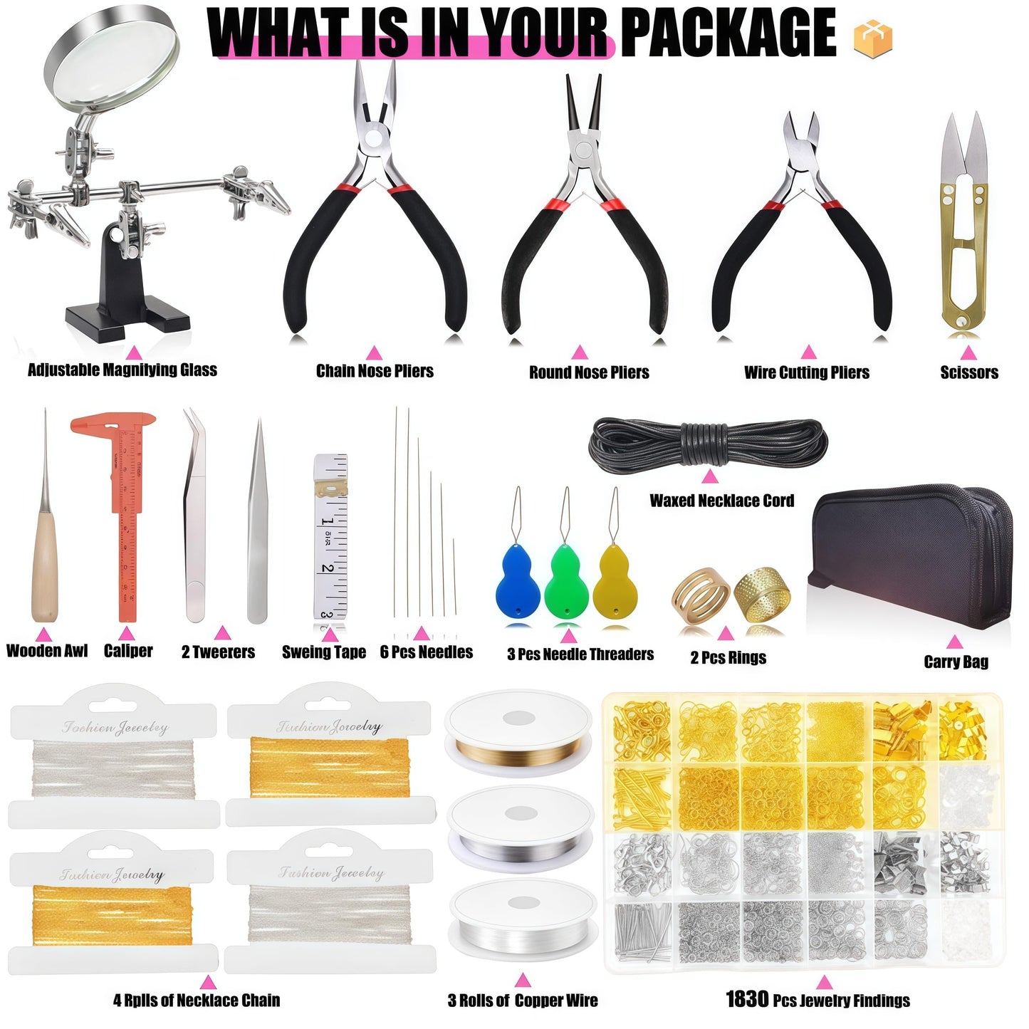 MONVICT Jewelry Making Supplies Kit with Tools, Findings, Chain, Wires, Magnifier, Carry Bag, Adults, 3730 Pieces, 2000 Pcs, Non-Foldable