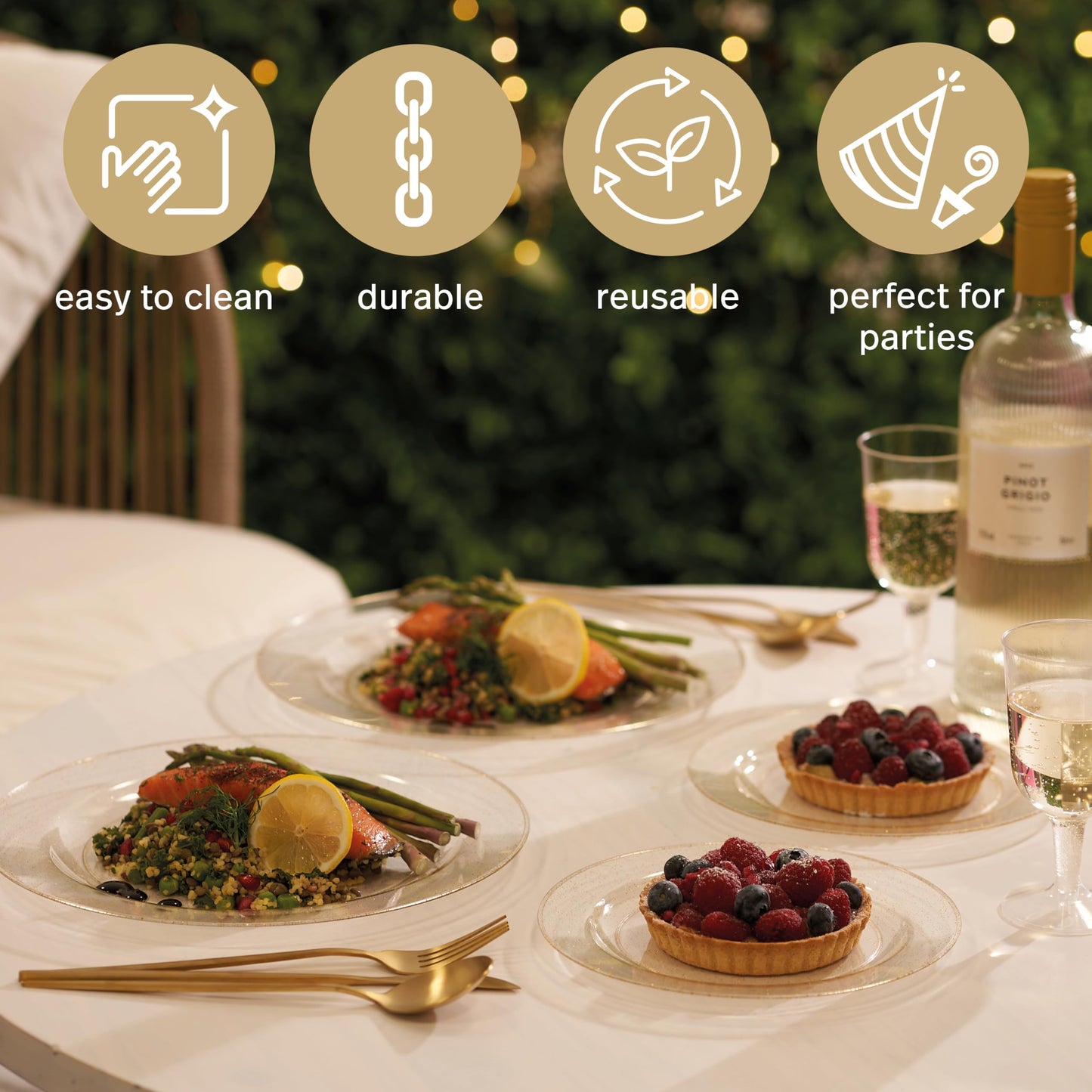 MATANA 120 Pack Elegant Gold Glitter Plastic Plate Set for 60 Guests - 60 Dinner Plates 10.25" and 60 Salad Dessert Appetizer Plates 7.5", Heavy Duty, Premium, Reusable for Wedding Party, Events