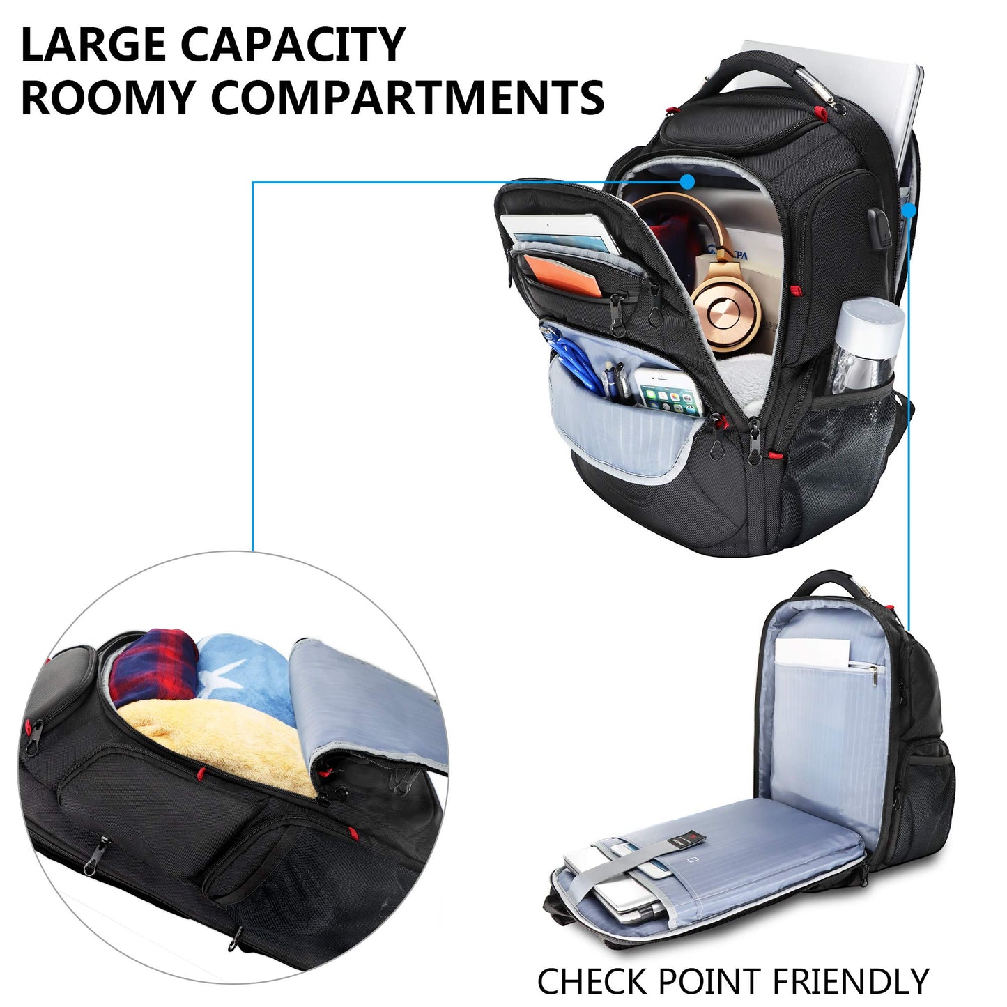 KROSER Travel Laptop Backpack 17.3 Inch XL Heavy Duty Computer Backpack Water-Repellent College Daypack Check Point Friendly Business Backpack with RFID Pockets & USB Port for Men/Women-Black