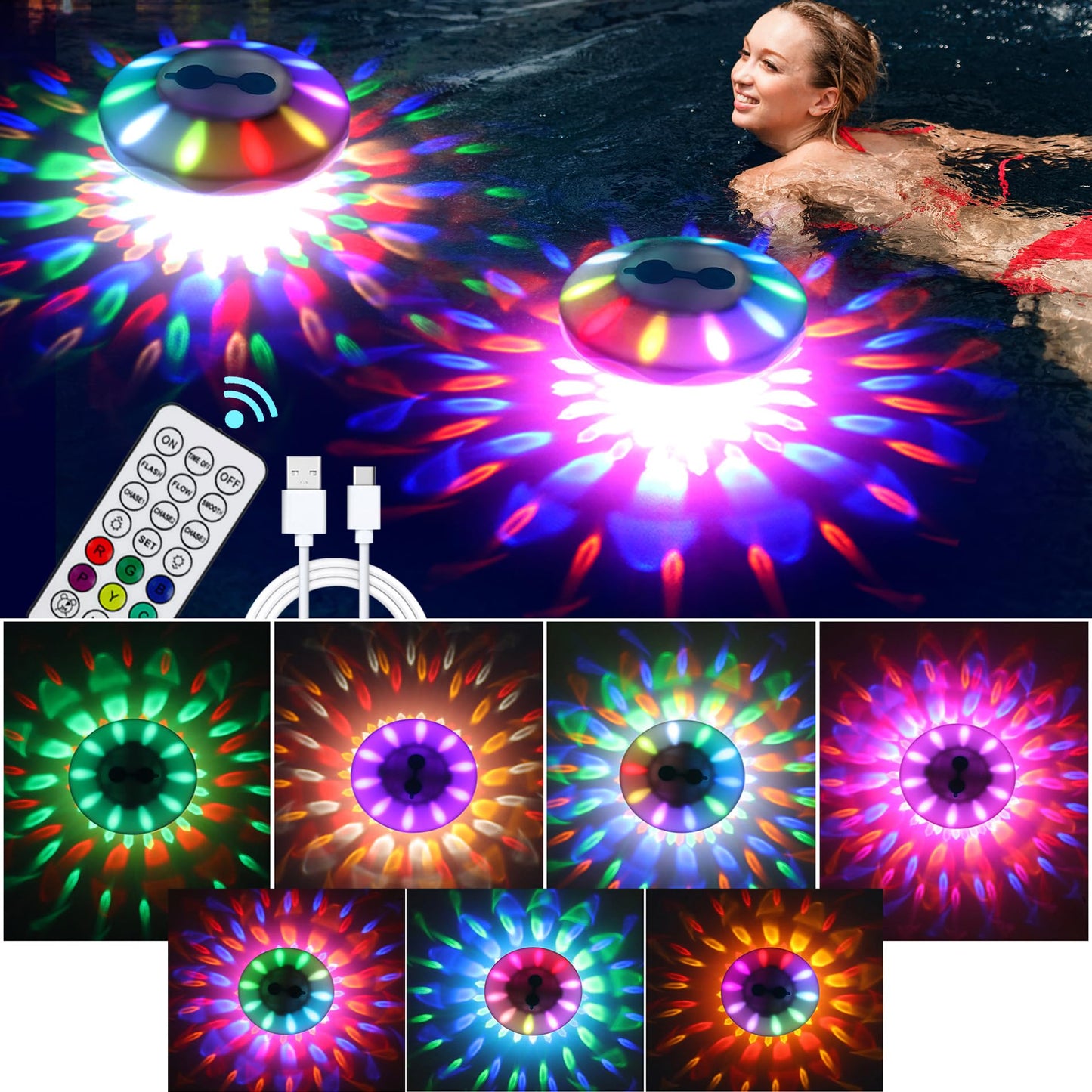 Rechargeable Floating Pool Lights (1 Pack) - Pool Lights with Vibrant RGB Colors, IP68 Waterproof Floating Lights, Upper and Lower Color Changing Led Lights for Pools, Hot Tubs and Garden
