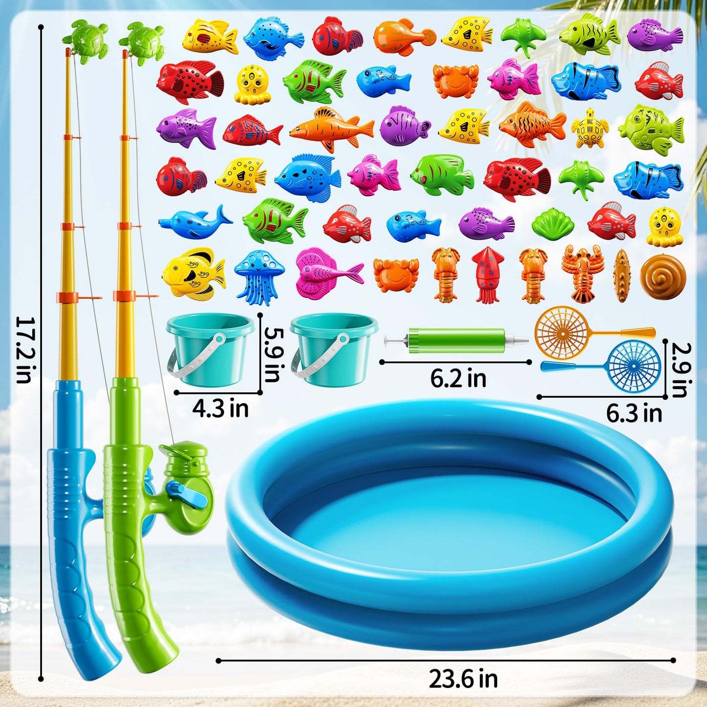 KIZONLY Magnetic Fishing Game for Kids 3-5 4-8 - Fish Toys for Kids 3-5, Bathtub Floating Fishing Pole, Water Table Pool, Rod Net and Pail, Bath Outdoor Gifts for Toddlers Age 3 4 5 6 7 8 Year Old