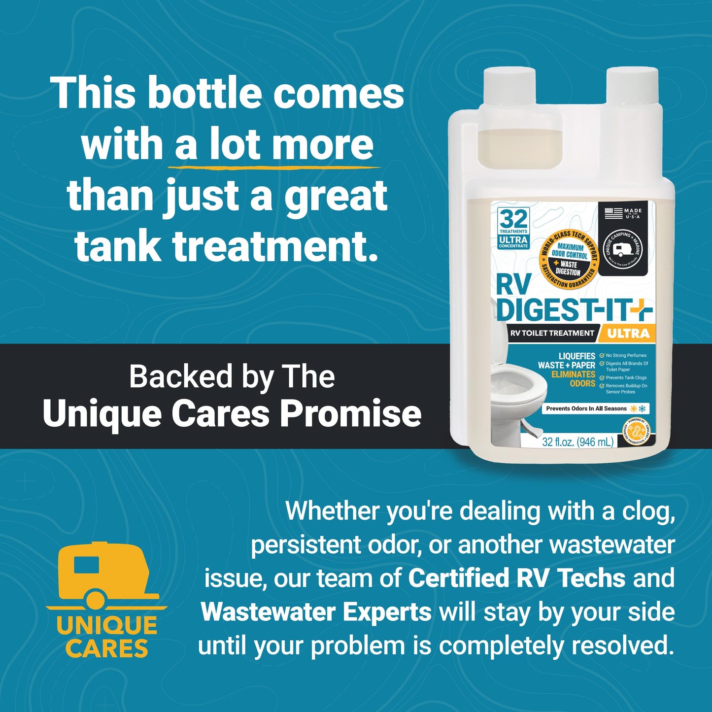 Unique RV Digest-It Ultra RV Toilet Treatment, 32 Uses, Super Concentrated, Eliminates Smells, Liquifies Waste, Easy-Measure Preventive Bio-Enzymatic Holding Tank Treatment, Package May Vary (32 oz)