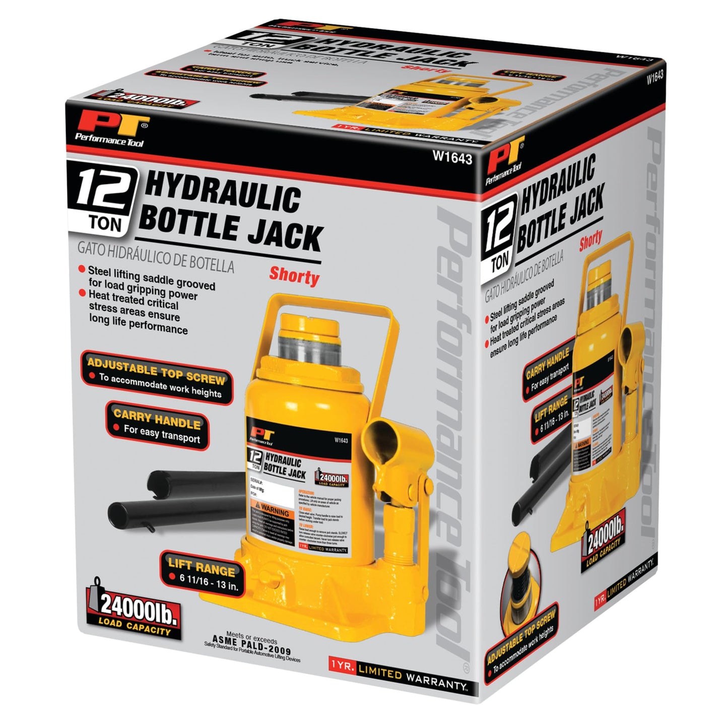 Performance Tool W1643 12 Ton (24,000 lbs.) Heavy Duty Shorty Bottle Jack
