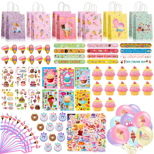 158pcs ice cream cake party favors return gifts for kids birthday party ice cream party decorations balloons Make a Face Stickers Keychain Stickers tattoo sticker ring birthday party supplies For Girl