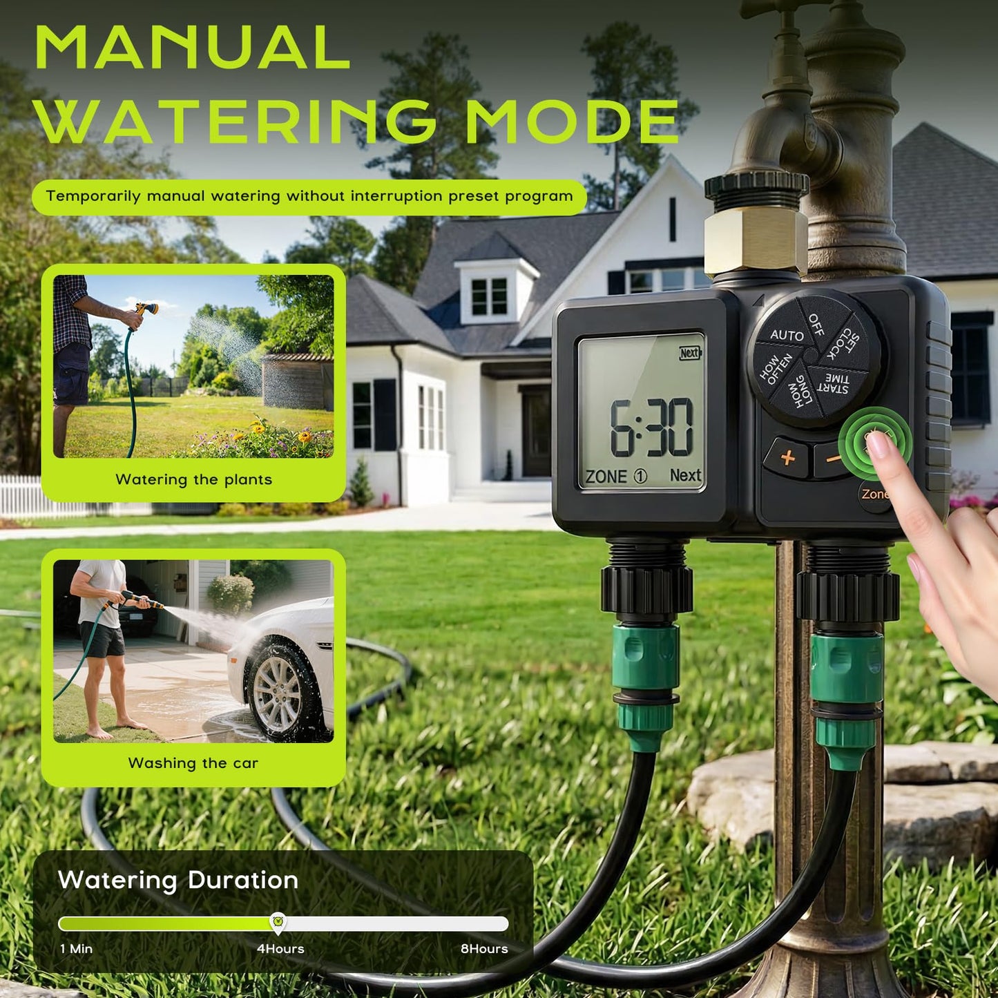 2 Zone Water Timer for Garden Hose, 2000mAh Rechargeable Sprinkler Timer with Brass Inlet, 2.8" LCD, IPX6 Waterproof, Rain Delay/Manual/Auto Mode, Hose Timer for Drip Irrigation Lawn Watering System