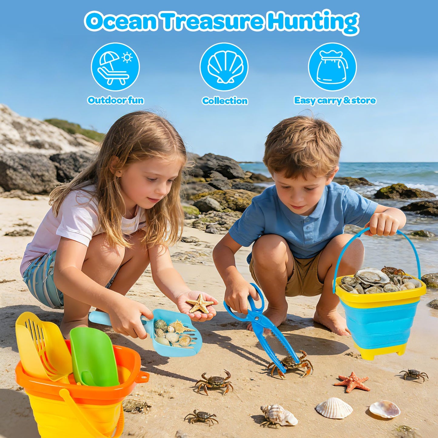 Beach Sand Toys for Kids with Collapsible Silicone Buckets Sand Molds Shovels Sand Tool Sifters for Underwater Treasure Hunting, Mesh Bag Travel Essential Outdoor Sandbox Toy for Toddler 3 4 5 6