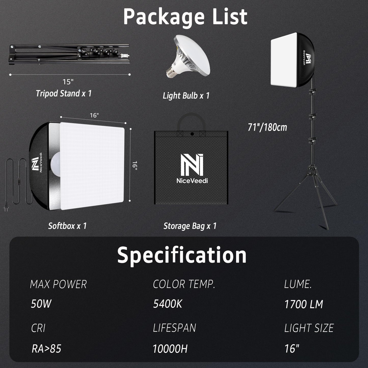 Softbox Lighting Kit, 16'' x 16'' Softbox Photography Lighting Kit with 63” Tripod Stand &50W / 5400K LED Bulb, Continuous Lighting for Photography/Video Recording/Live Streaming