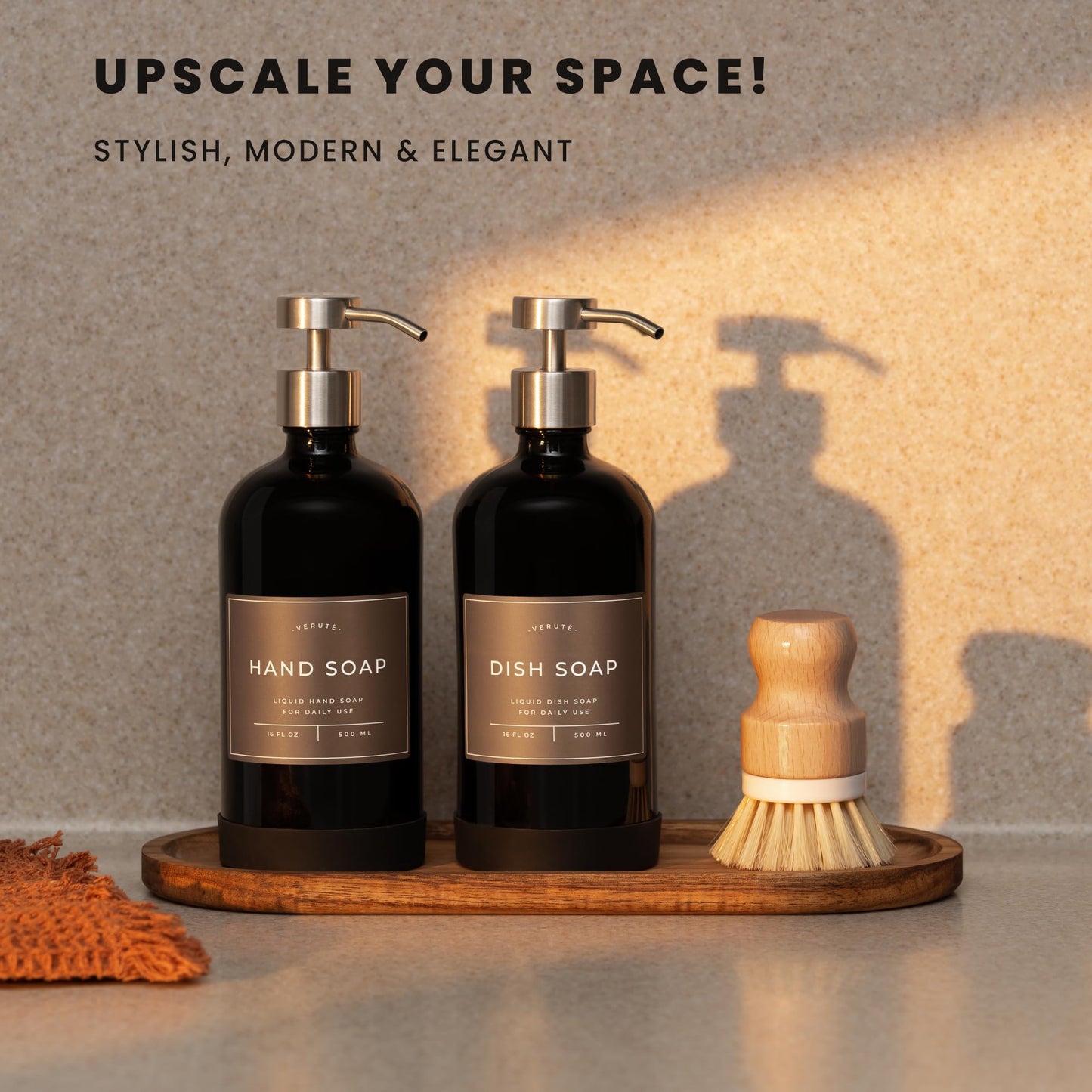 Verute 500ml Glass Soap Dispenser with Stainless Steel Pump, 21 Waterproof Labels, Non-Slip Protective Silicone Pad, Set of 2 for Bathroom & Kitchen (Gloss Black Bottle/Brushed Silver Pump)