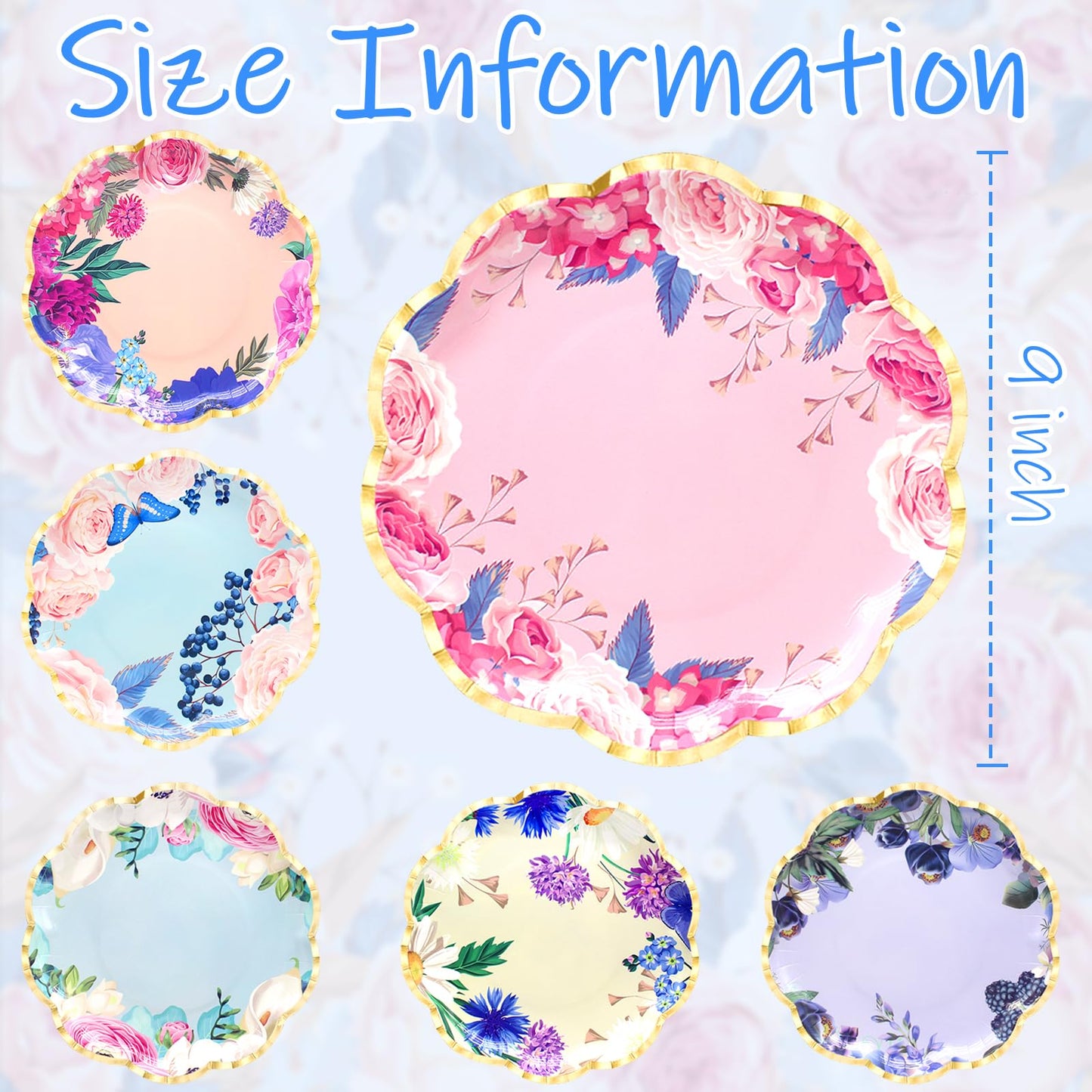Benvo Floral Plates Disposable 60 Pack Paper Plates 9 Inch Dessert Plates Flower for Tea Party Garden Party Baby Shower Bridal Shower Birthday Wedding Decorations(6 Styles)