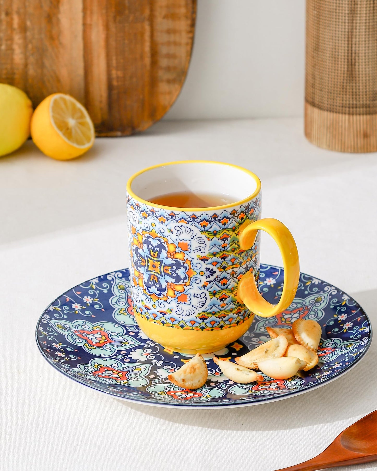 Coffee Mugs Set 14 Ounce - Multicolor Porcelain Cups for Latte, Hot Tea, Cappuccino, Cocoa, Soup, Dishwasher, Microwave Safe, Christmas Gift Set of 6 - Bohemian Style