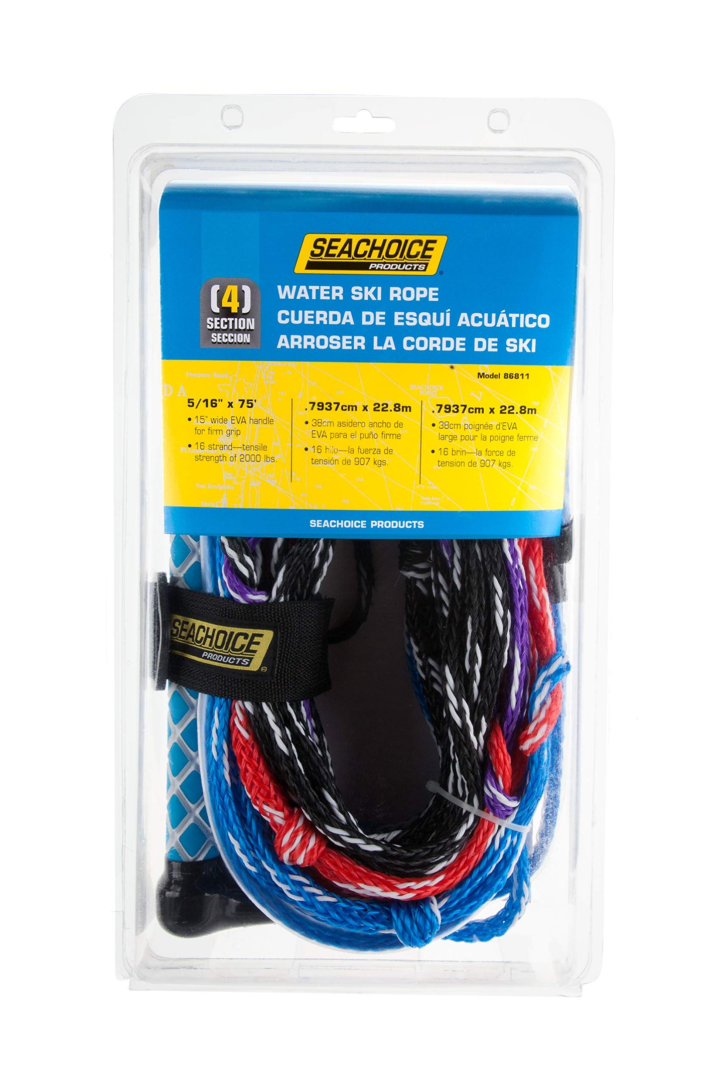 Seachoice 4-Section Wakeboard Rope, 75 Ft. Long, 15 In. Handle w/Textured EVA Grip