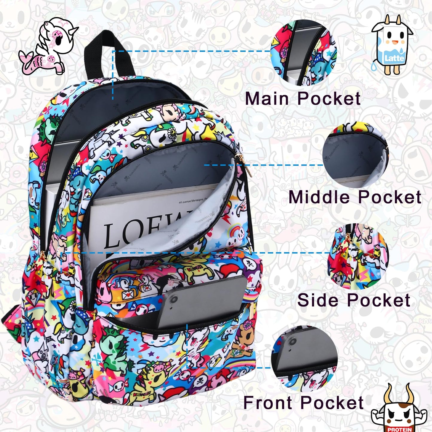 Tokidoki Travel Backpack for Women,Business Sturdy Fits 15.6 Inch Notebook Bookbag Computer Bag Laptop Backpack for Dailyuse Casual Daypack Fashion Anime Bags