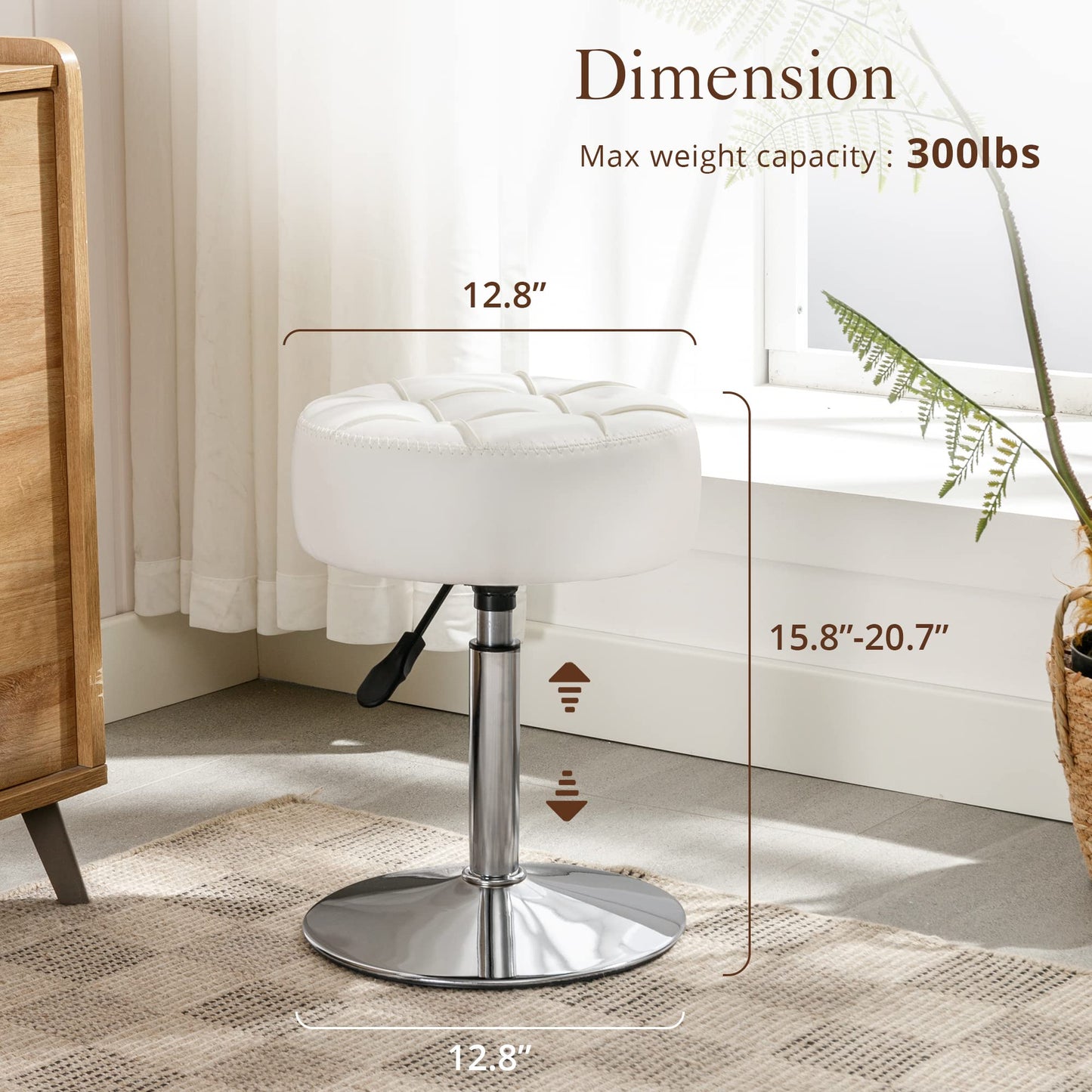 LUE BONA Adjustable 360°Swivel Vanity Stool, White Faux Leather Makeup Chair for Bathroom & Living Room