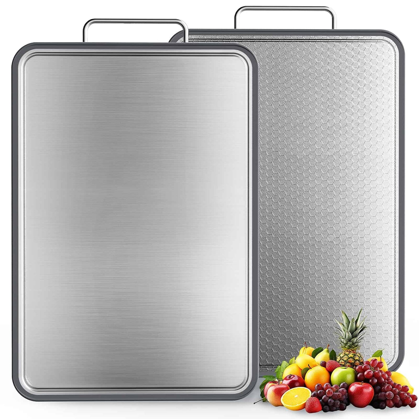 Double-Sided Stainless Steel Cutting Board for Kitchen, 16''×11'' Scratch-Resistant Cutting Board for Meat, Vegetables & Fruits, Rust-Resistant Chopping Board with Juice Groove on Both Sides
