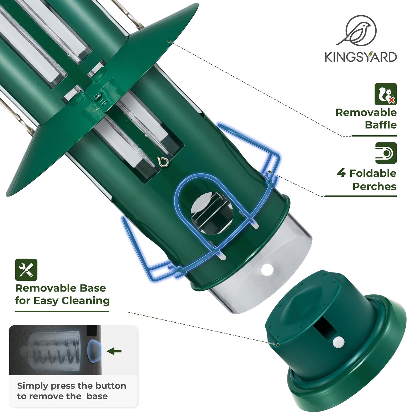 Kingsyard Squirrel Proof Bird Feeder with Removable Base, All Metal, Tube Bird Feeders for Outdoors Hanging, Easy to Clean & Refill, Dark Green