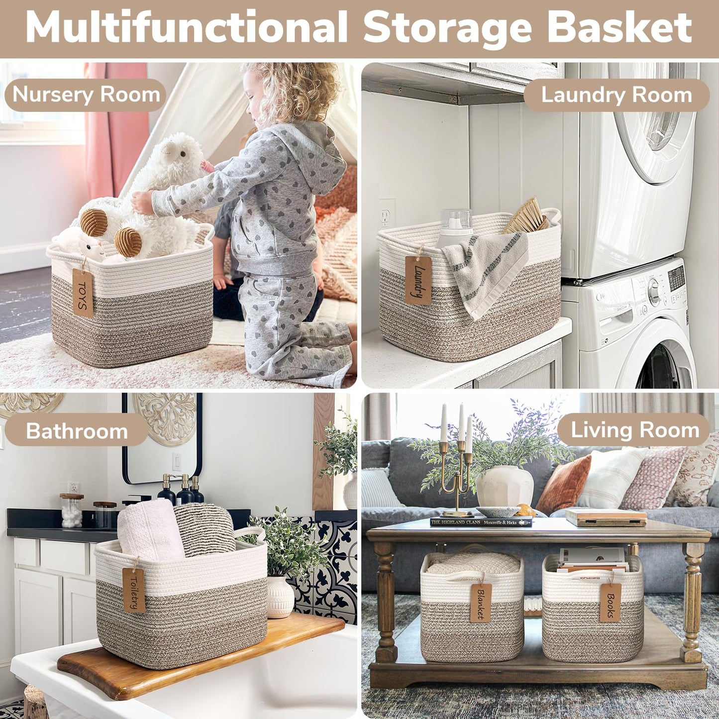 Goodpick Organizing Baskets, 13 x 10 x 9 Inches, Woven Storage Baskets for Shelves, Baby Gift Basket for Nursery, Small Decorative Laundry Basket 3 Pack, panier rangement, White & Brown