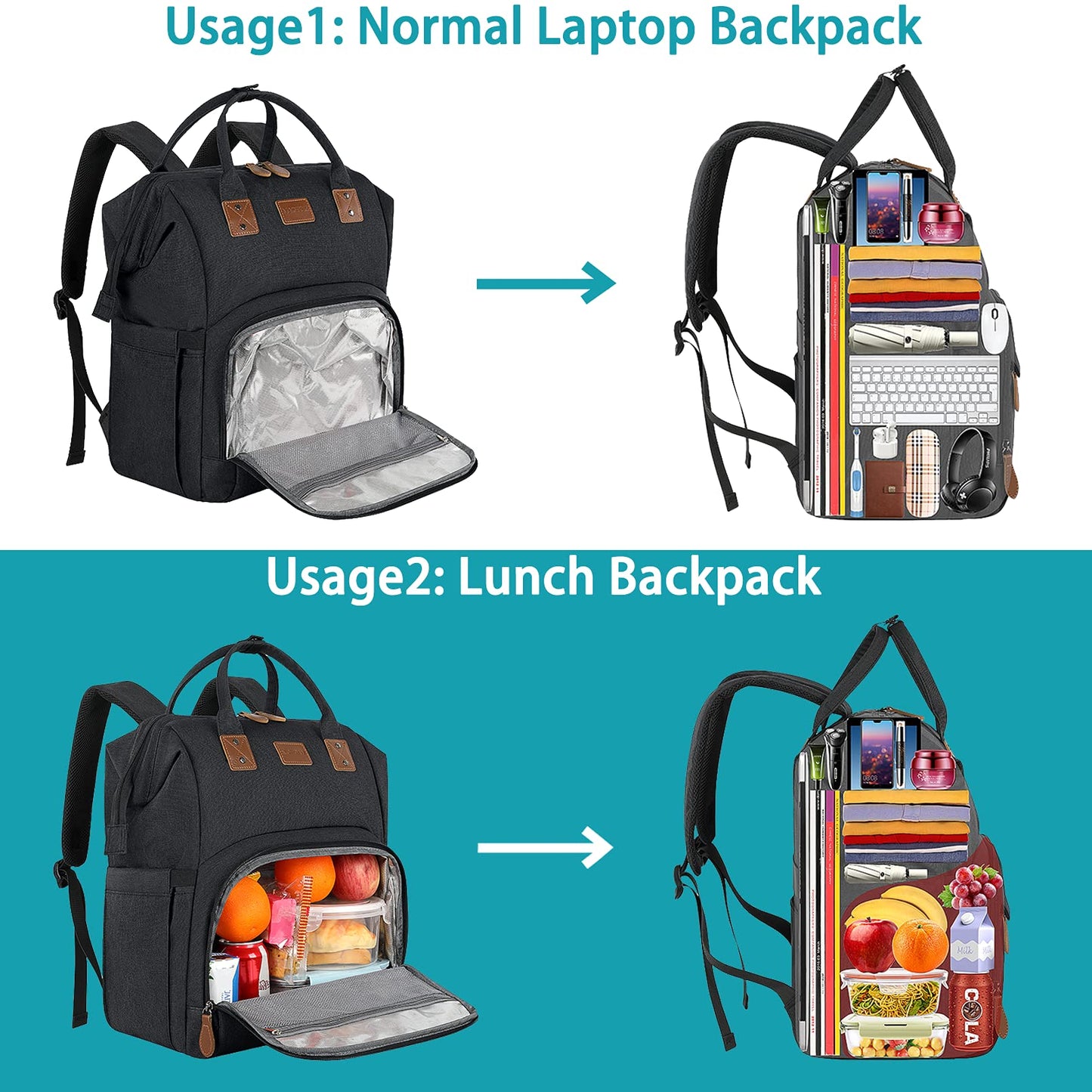 17 Inch Laptop Backpack, Large Lunch Backpack for Women Men Gifts, Travel Carry On with Lunch Box and USB Port, Insulated Cooler Bookbag Nurse Work Backpacks, Black