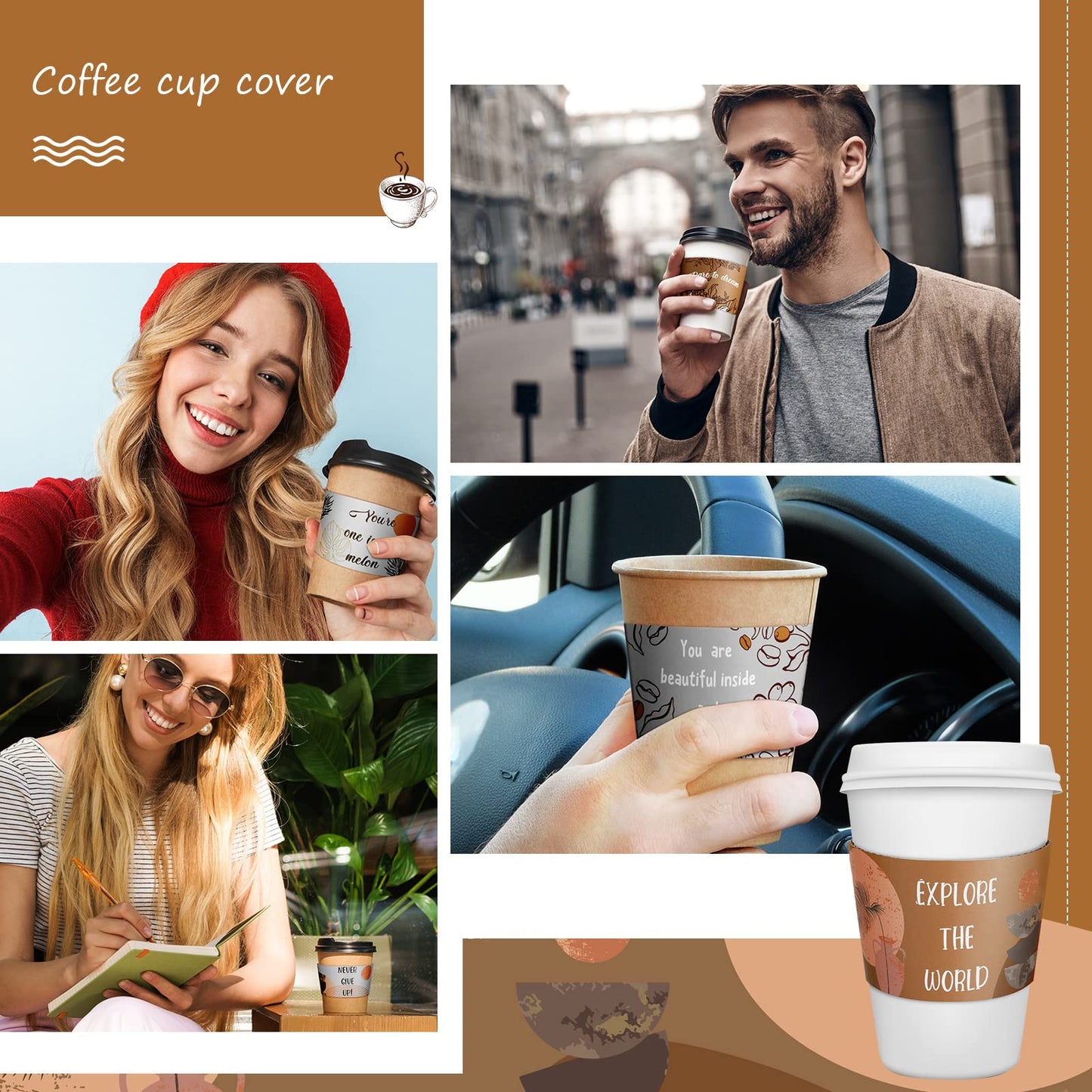 Dingion 500 Pack Coffee Cup Sleeves Corrugated Cardboard Motivational Disposable Sleeve for Inspiring Cold or Hot Beverage Chocolate Coffee Tea, Fits 12oz 16oz Paper Cups